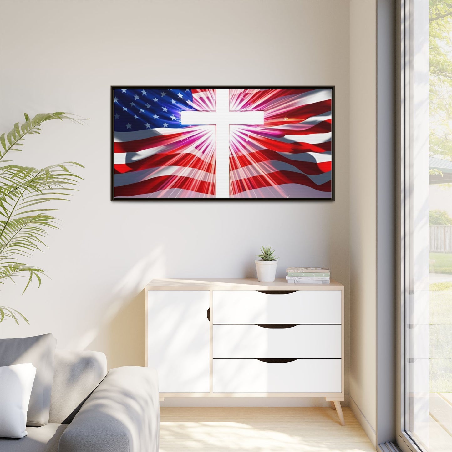 Patriotic Christian Canvas Art - Framed Multi-Color Cross with American Flag