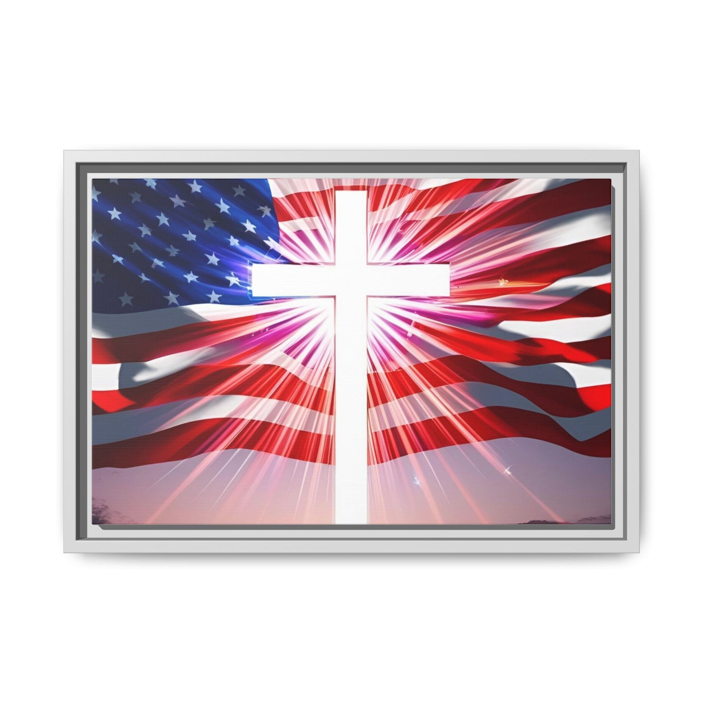 Patriotic Christian Canvas Art - Framed Multi-Color Cross with American Flag