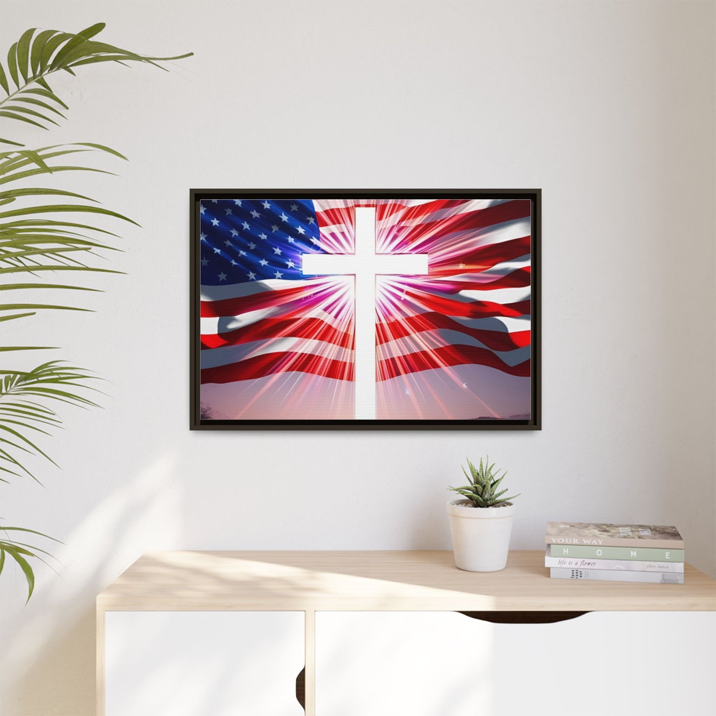 Patriotic Christian Canvas Art - Framed Multi-Color Cross with American Flag