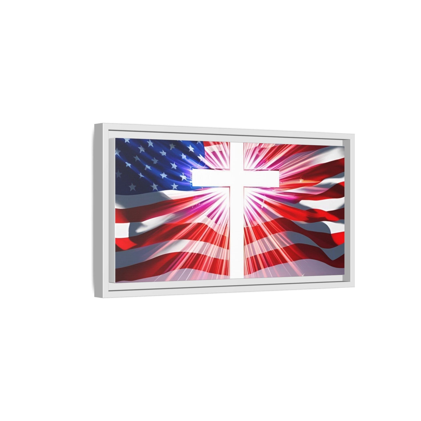 Patriotic Christian Canvas Art - Framed Multi-Color Cross with American Flag