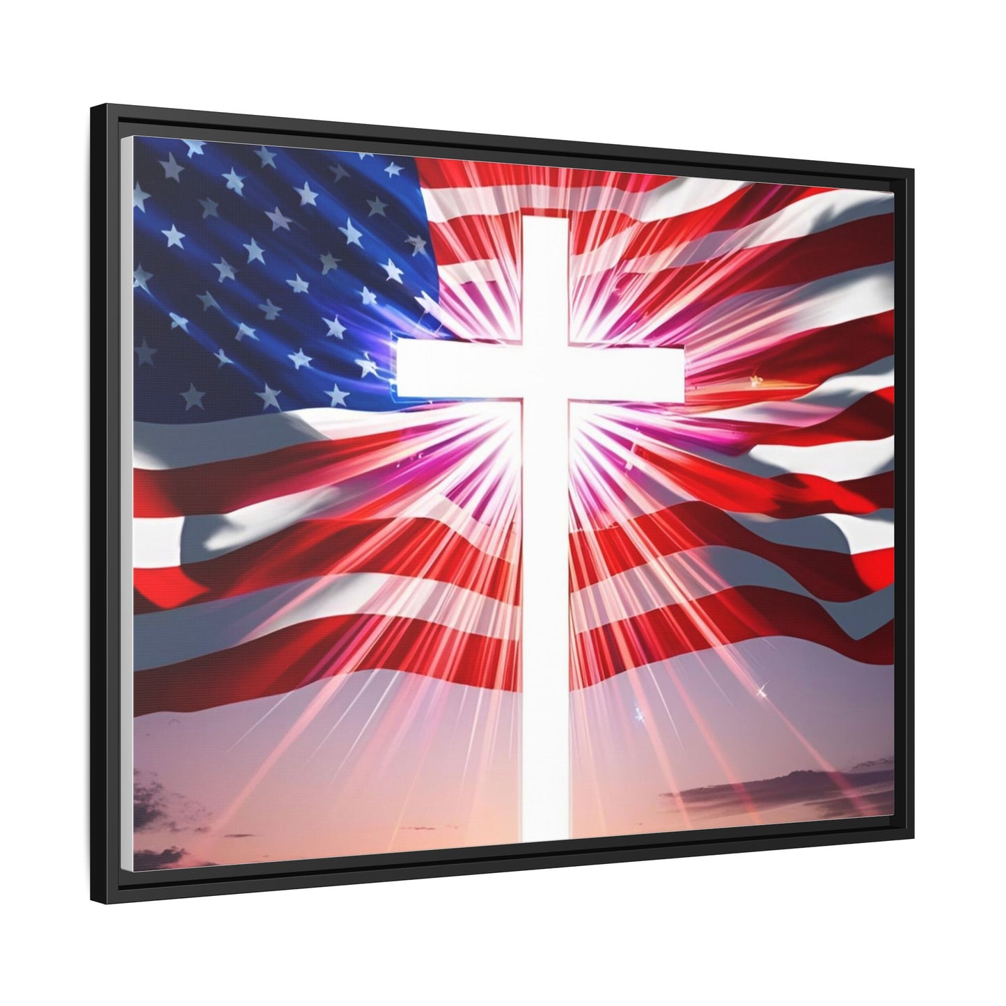 Patriotic Christian Canvas Art - Framed Multi-Color Cross with American Flag