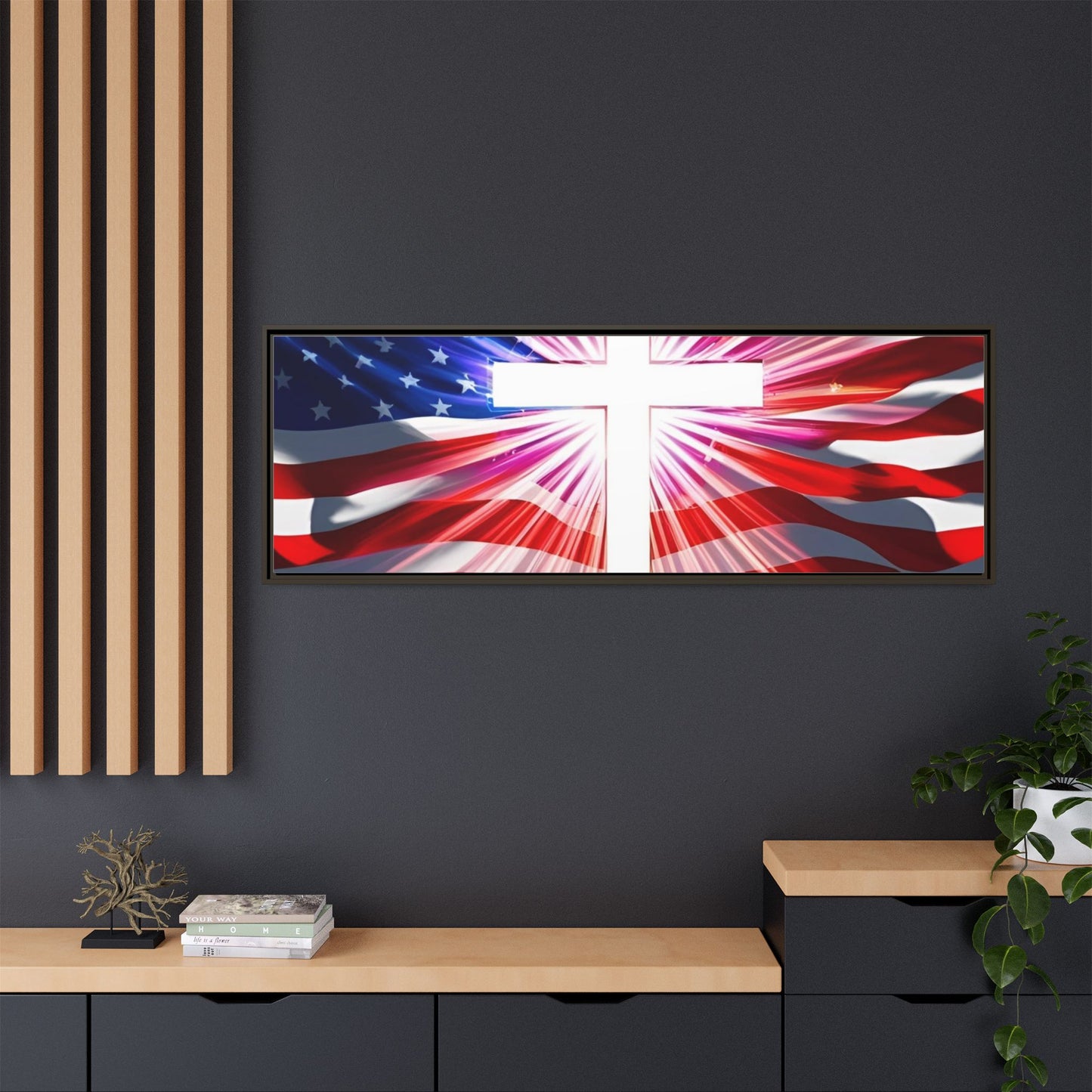 Patriotic Christian Canvas Art - Framed Multi-Color Cross with American Flag