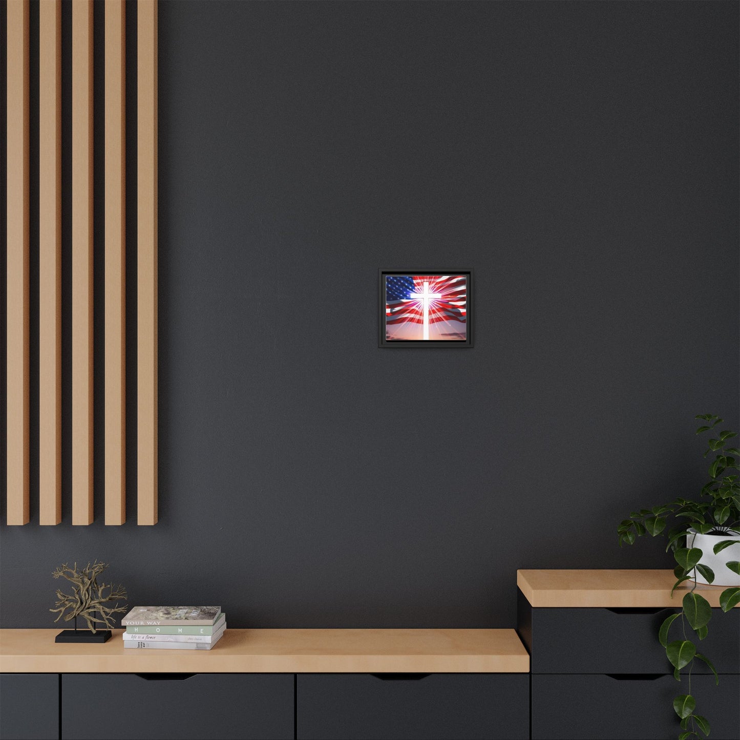 Patriotic Christian Canvas Art - Framed Multi-Color Cross with American Flag