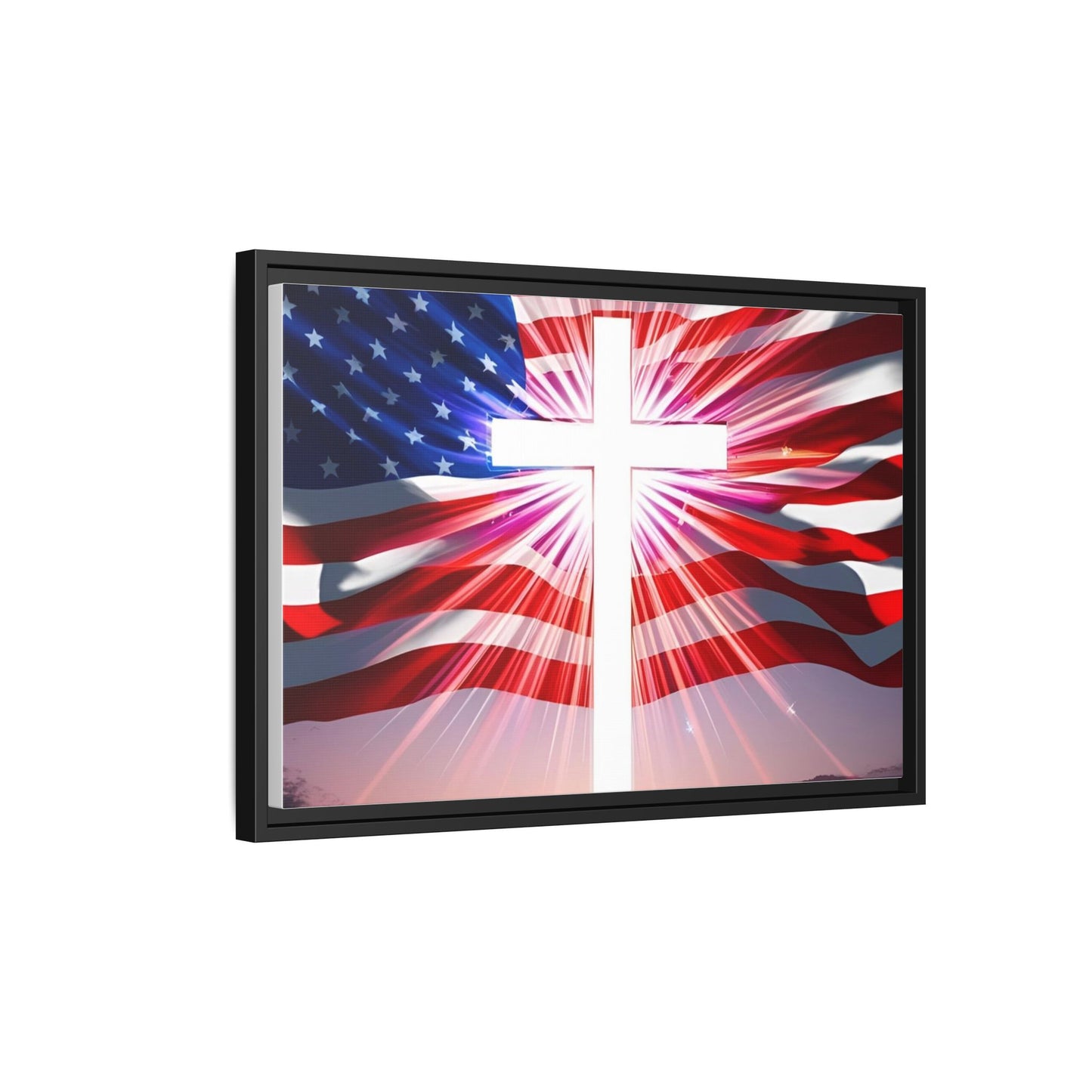 Patriotic Christian Canvas Art - Framed Multi-Color Cross with American Flag