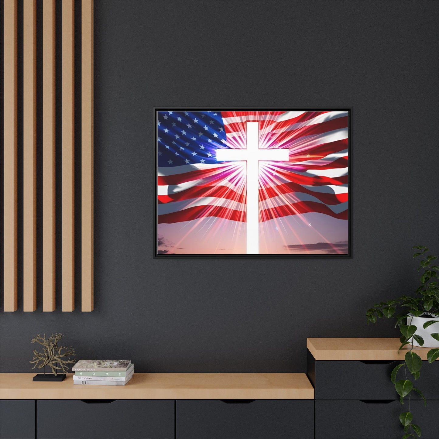 Patriotic Christian Canvas Art - Framed Multi-Color Cross with American Flag