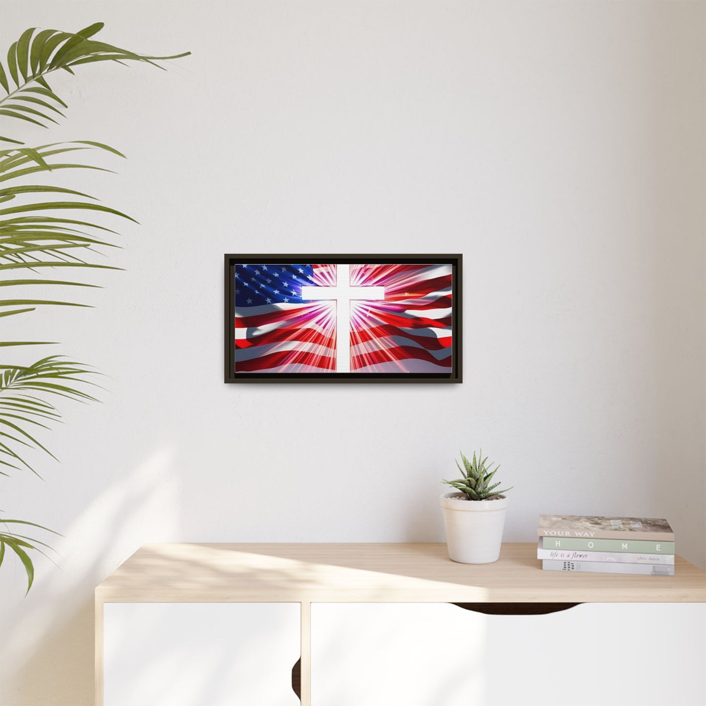 Patriotic Christian Canvas Art - Framed Multi-Color Cross with American Flag