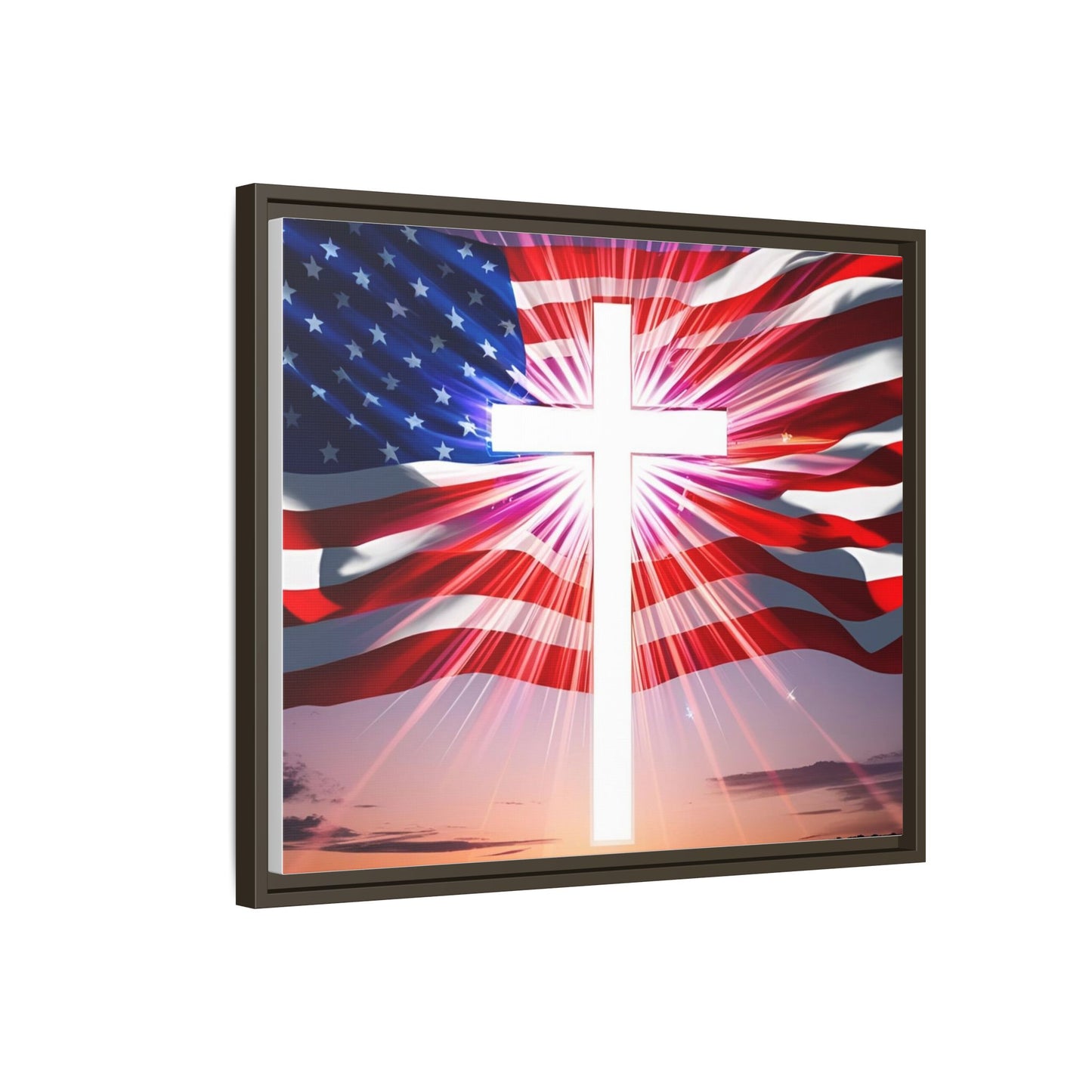 Patriotic Christian Canvas Art - Framed Multi-Color Cross with American Flag