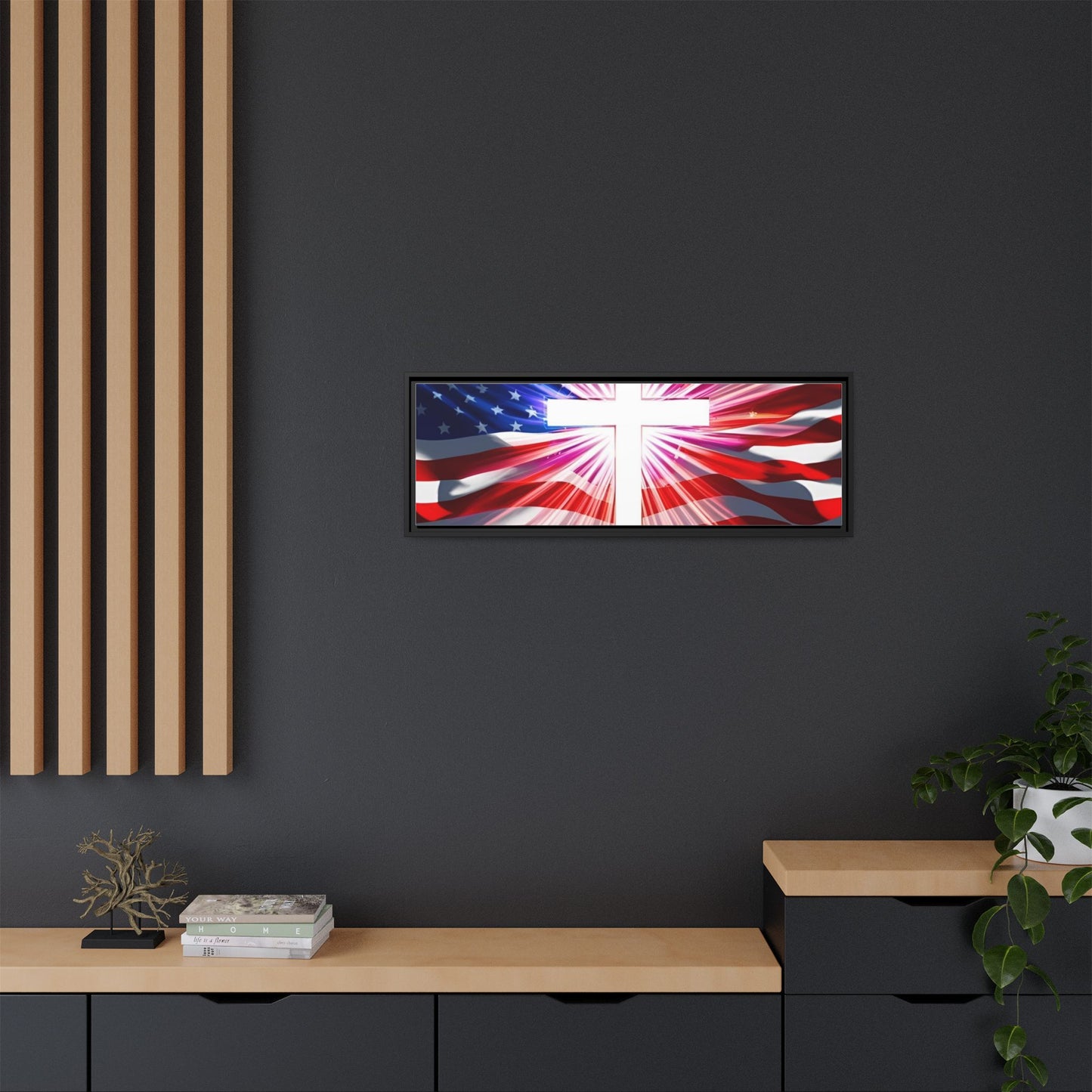 Patriotic Christian Canvas Art - Framed Multi-Color Cross with American Flag