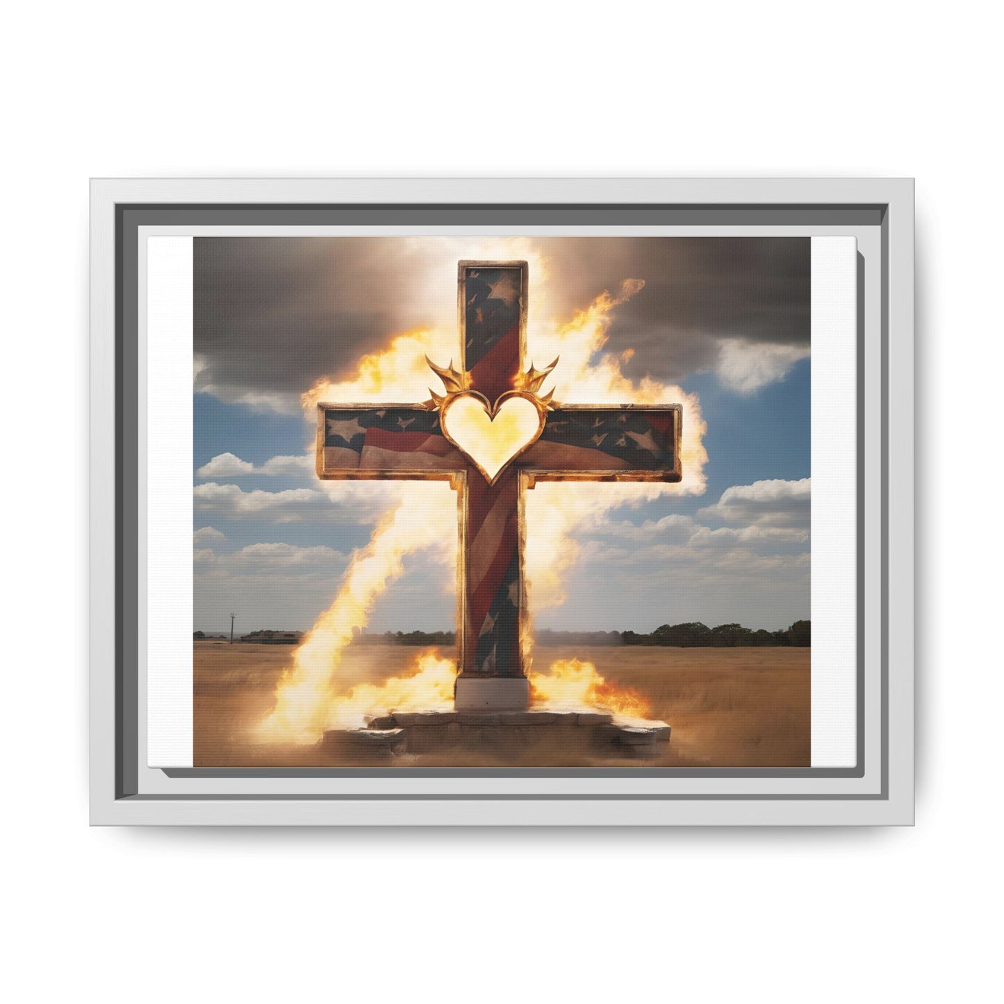 Framed Cross Art Print - Heart on Fire Design