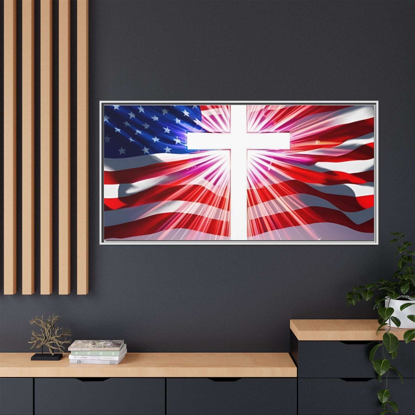 Patriotic Christian Canvas Art - Framed Multi-Color Cross with American Flag