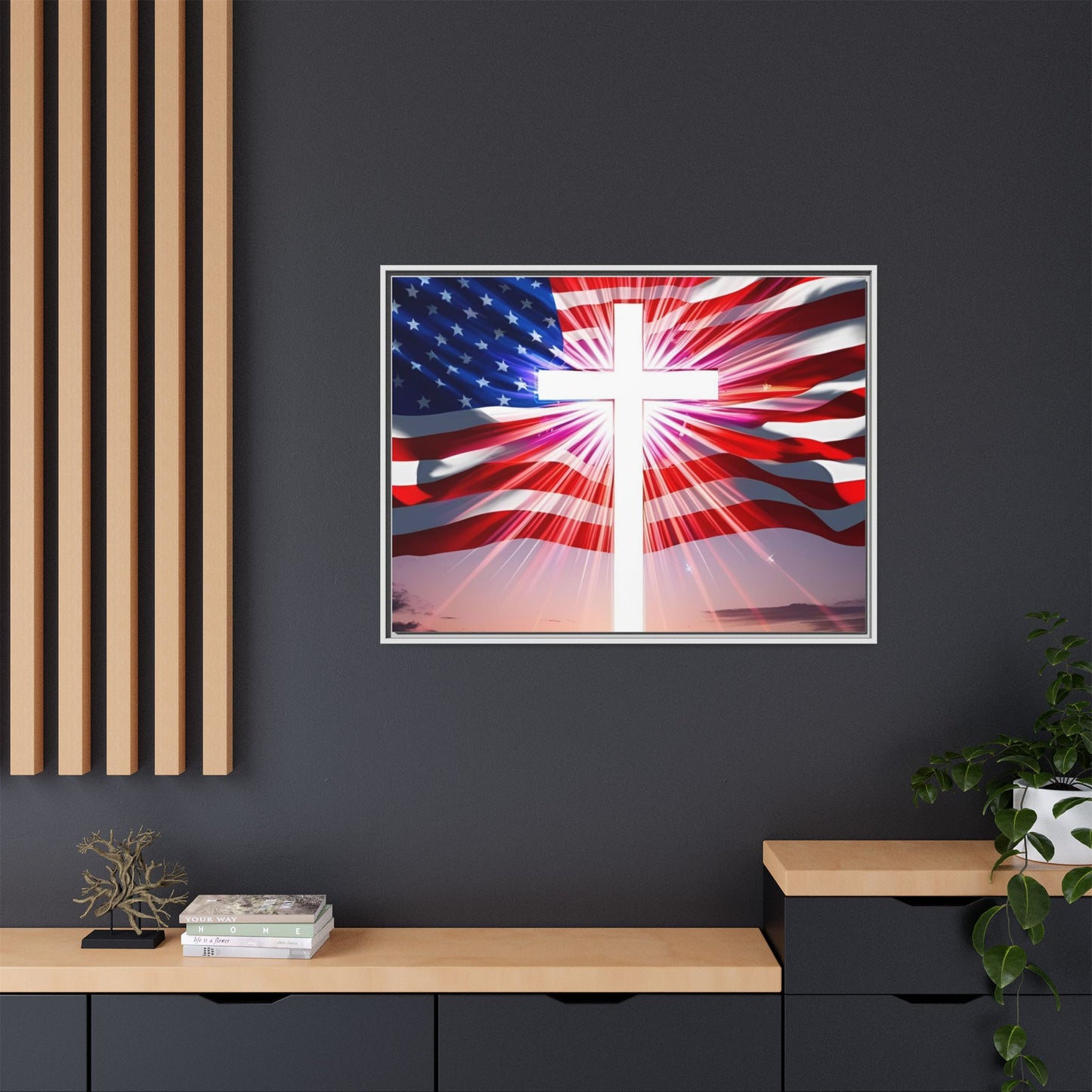 Patriotic Christian Canvas Art - Framed Multi-Color Cross with American Flag