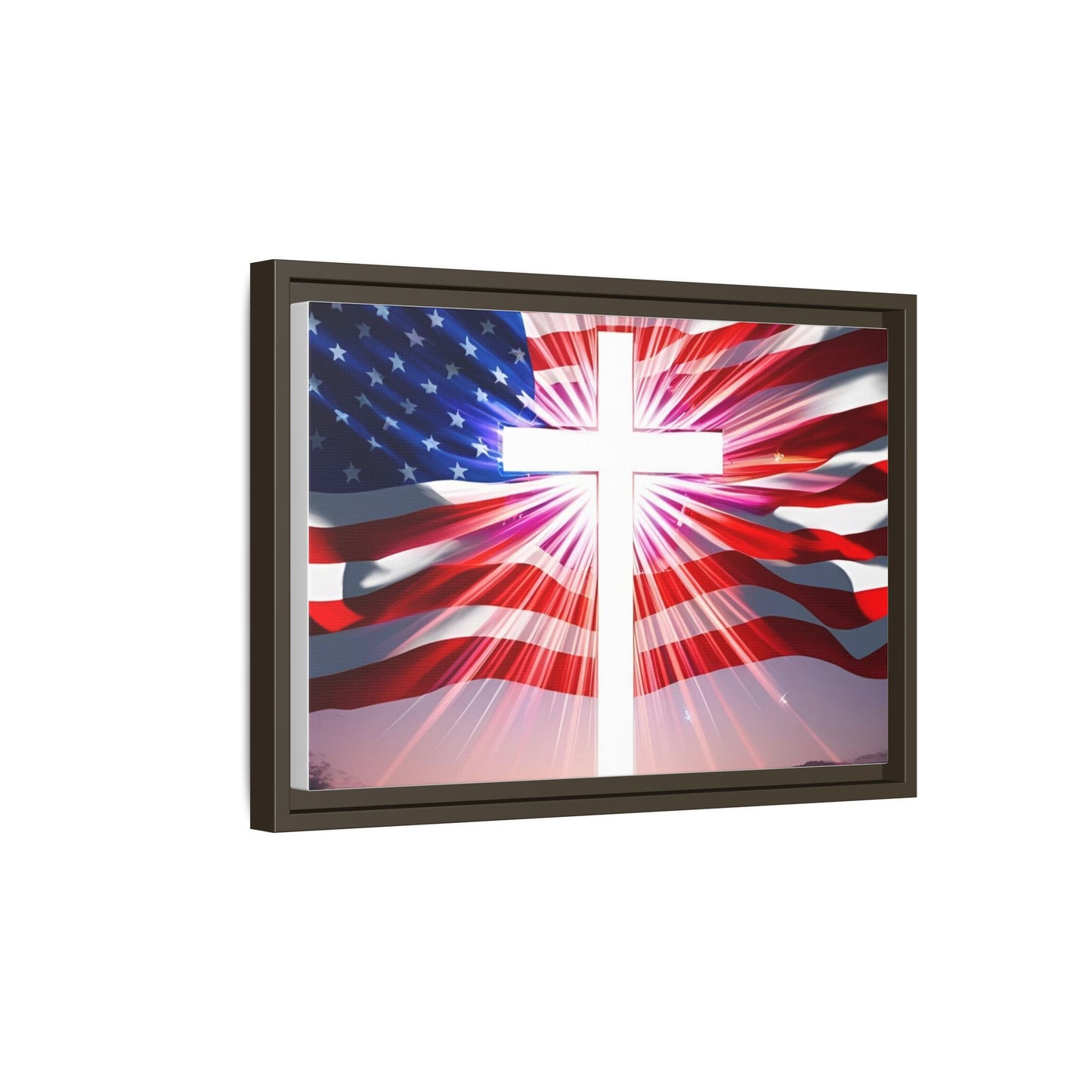 Patriotic Christian Canvas Art - Framed Multi-Color Cross with American Flag