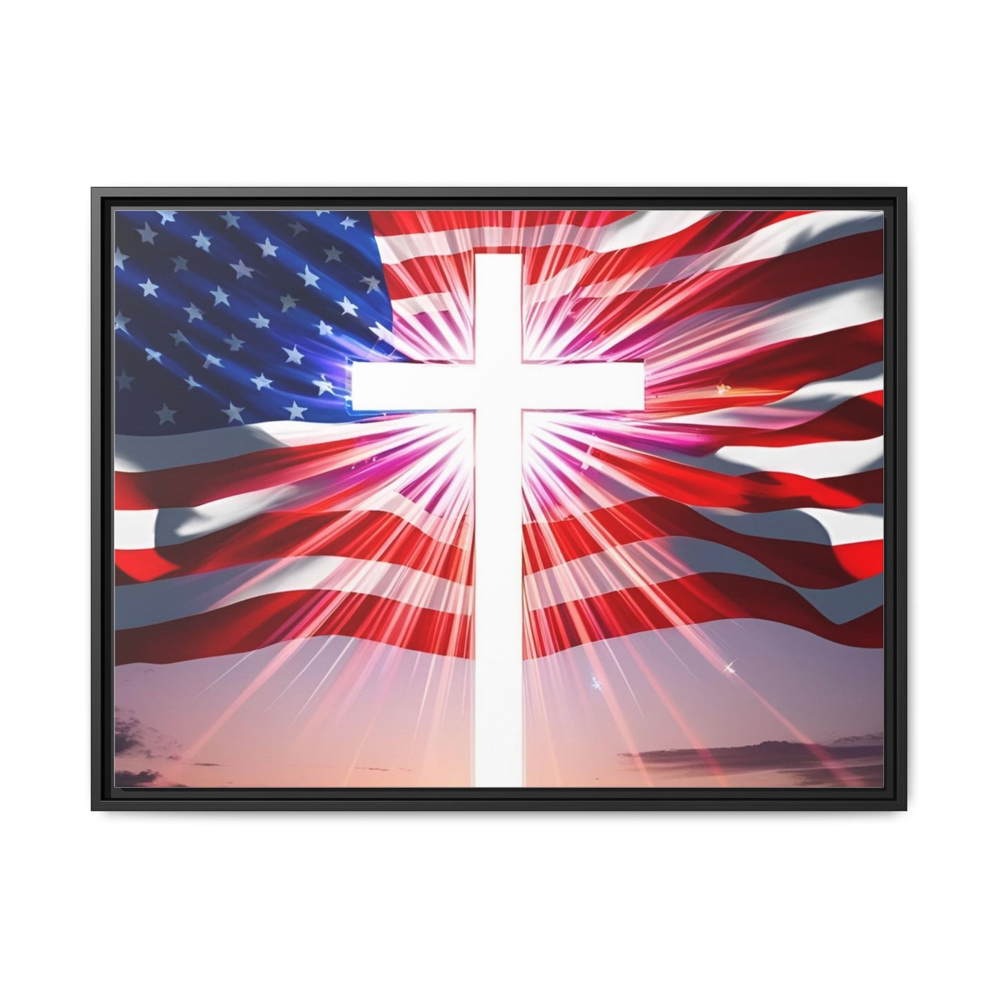 Patriotic Christian Canvas Art - Framed Multi-Color Cross with American Flag