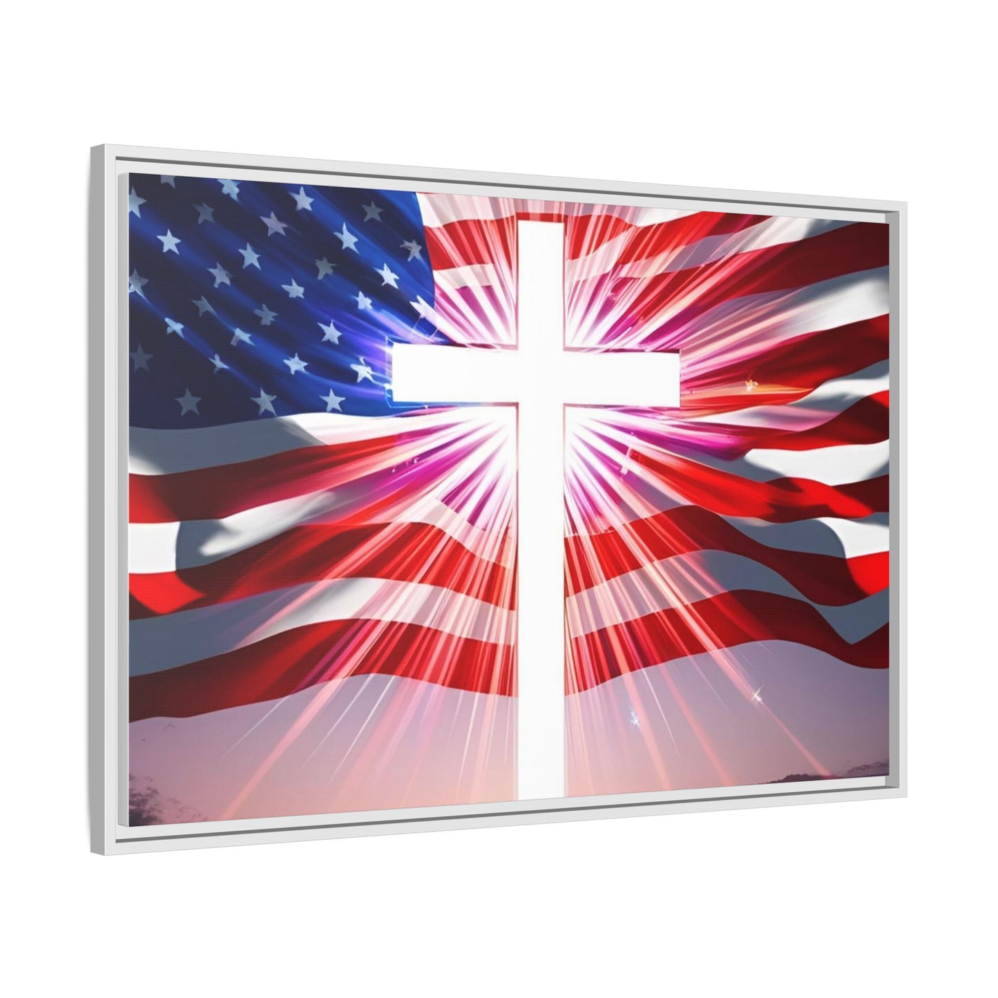 Patriotic Christian Canvas Art - Framed Multi-Color Cross with American Flag