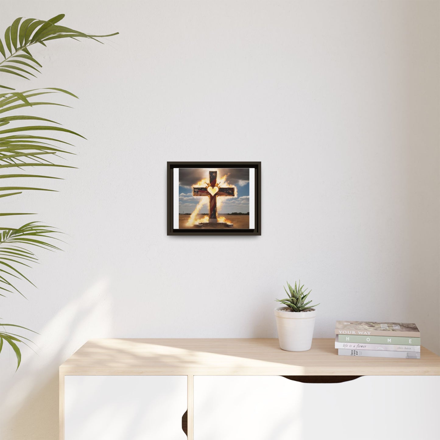 Framed Cross Art Print - Heart on Fire Design