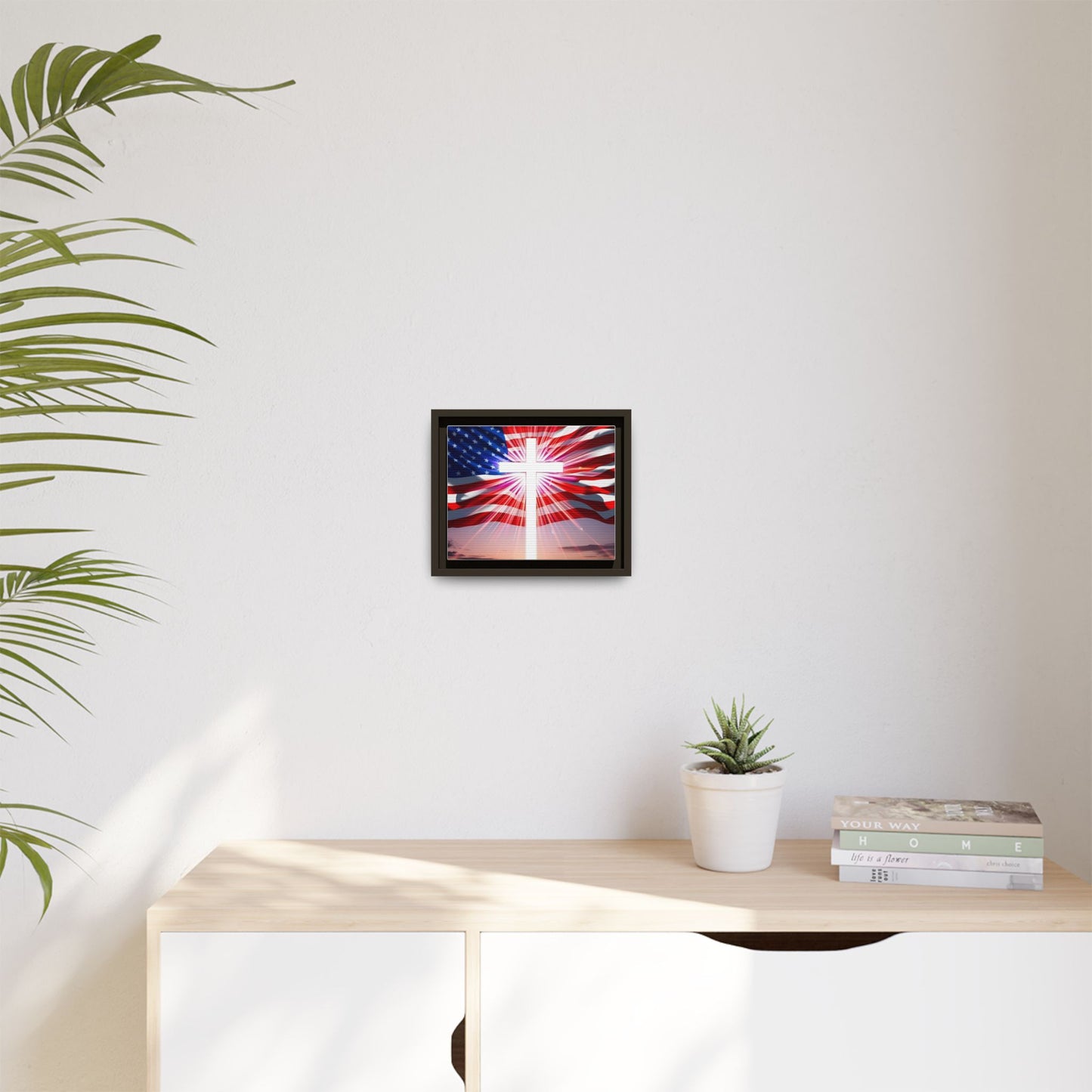 Patriotic Christian Canvas Art - Framed Multi-Color Cross with American Flag