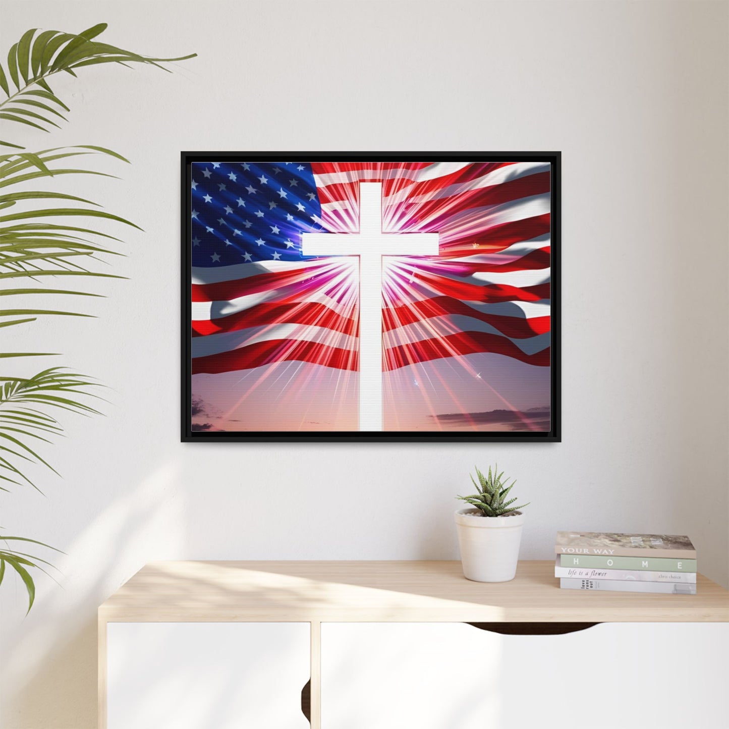 Patriotic Christian Canvas Art - Framed Multi-Color Cross with American Flag