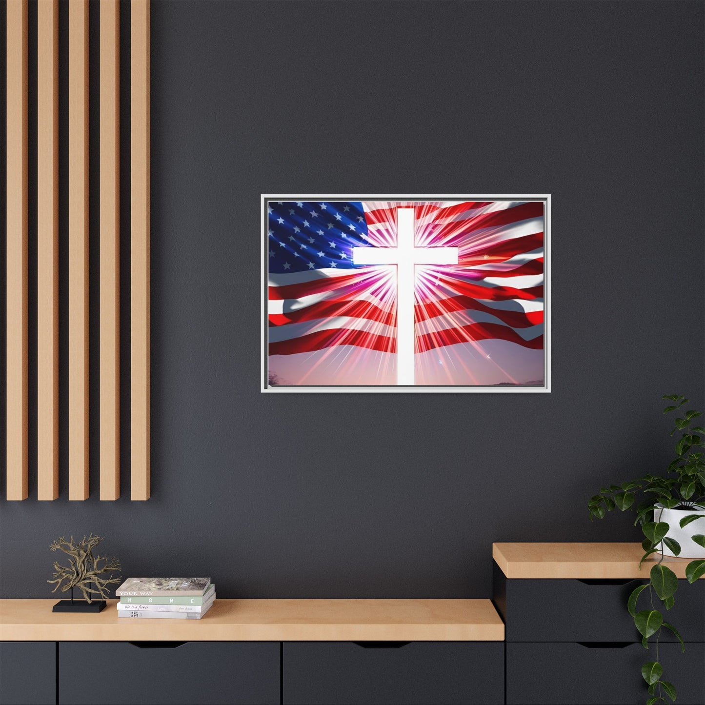 Patriotic Christian Canvas Art - Framed Multi-Color Cross with American Flag