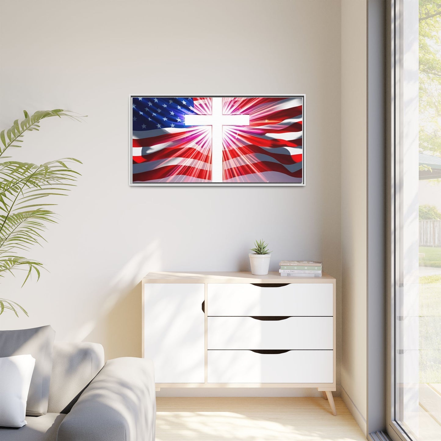 Patriotic Christian Canvas Art - Framed Multi-Color Cross with American Flag