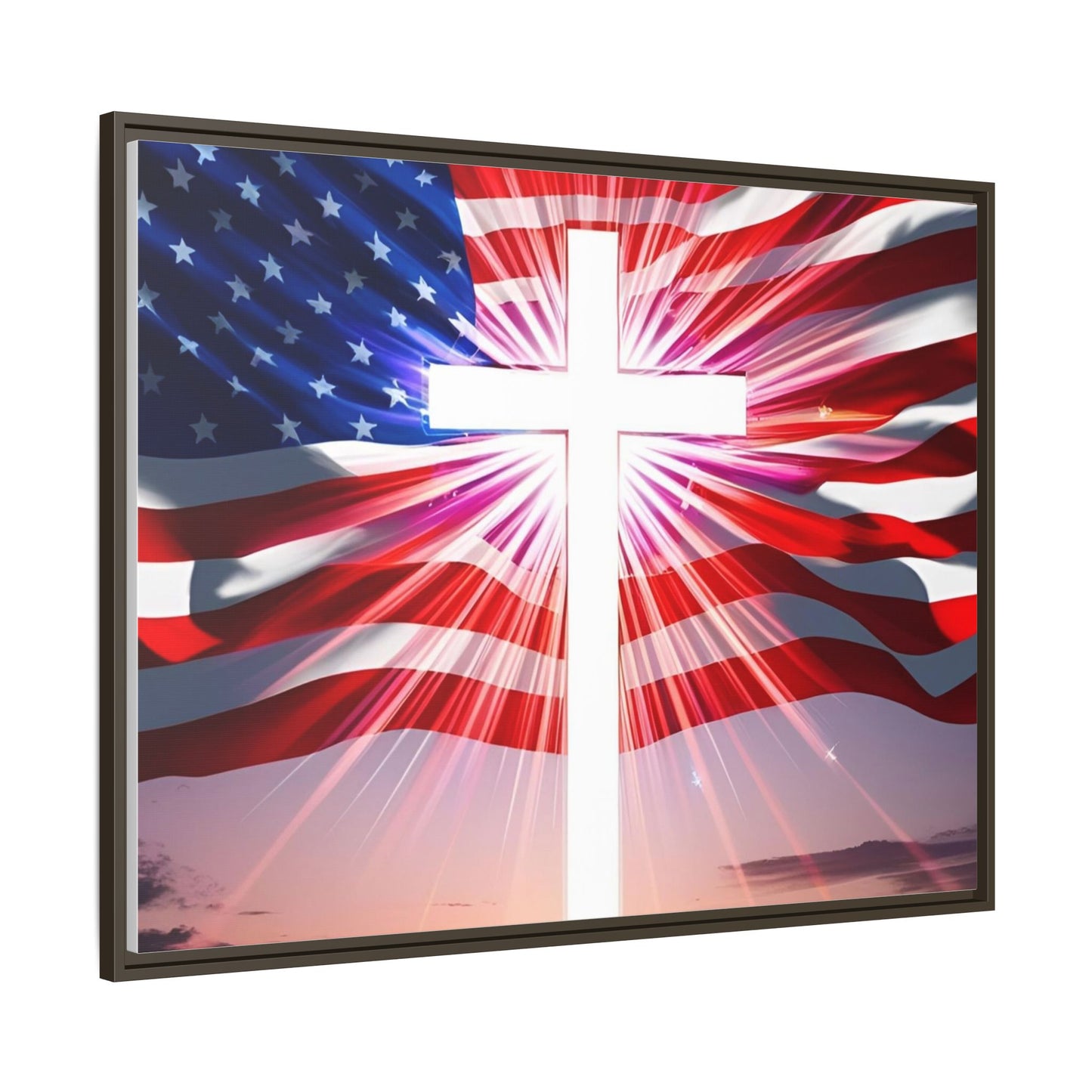 Patriotic Christian Canvas Art - Framed Multi-Color Cross with American Flag