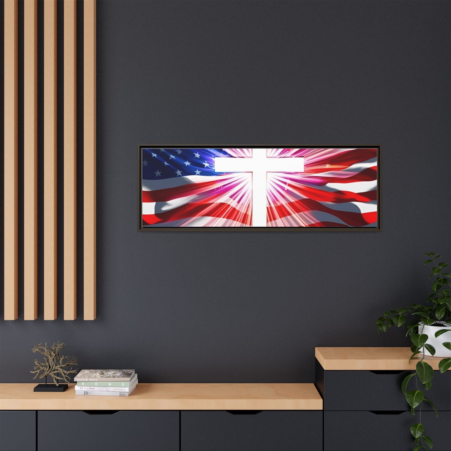 Patriotic Christian Canvas Art - Framed Multi-Color Cross with American Flag