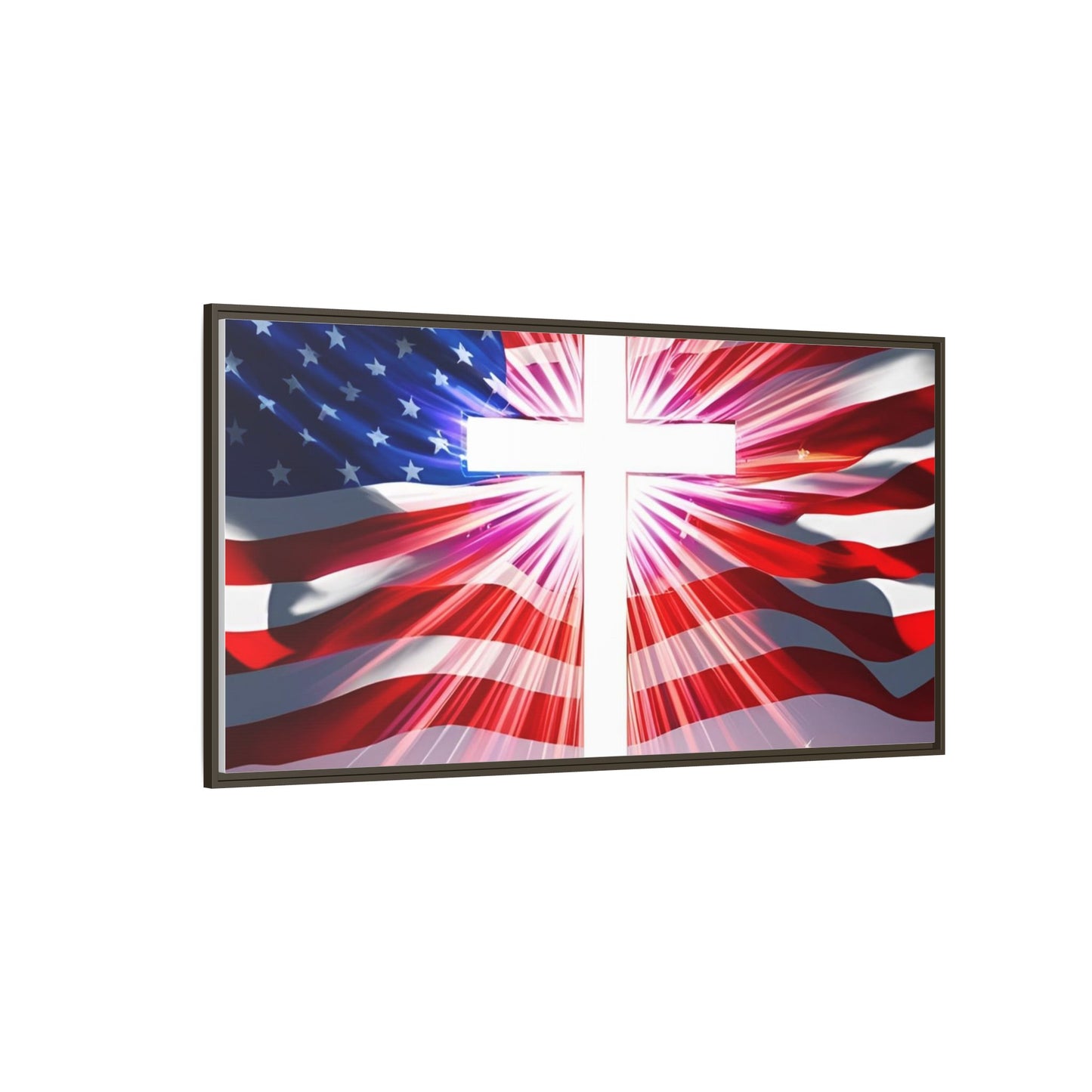 Patriotic Christian Canvas Art - Framed Multi-Color Cross with American Flag