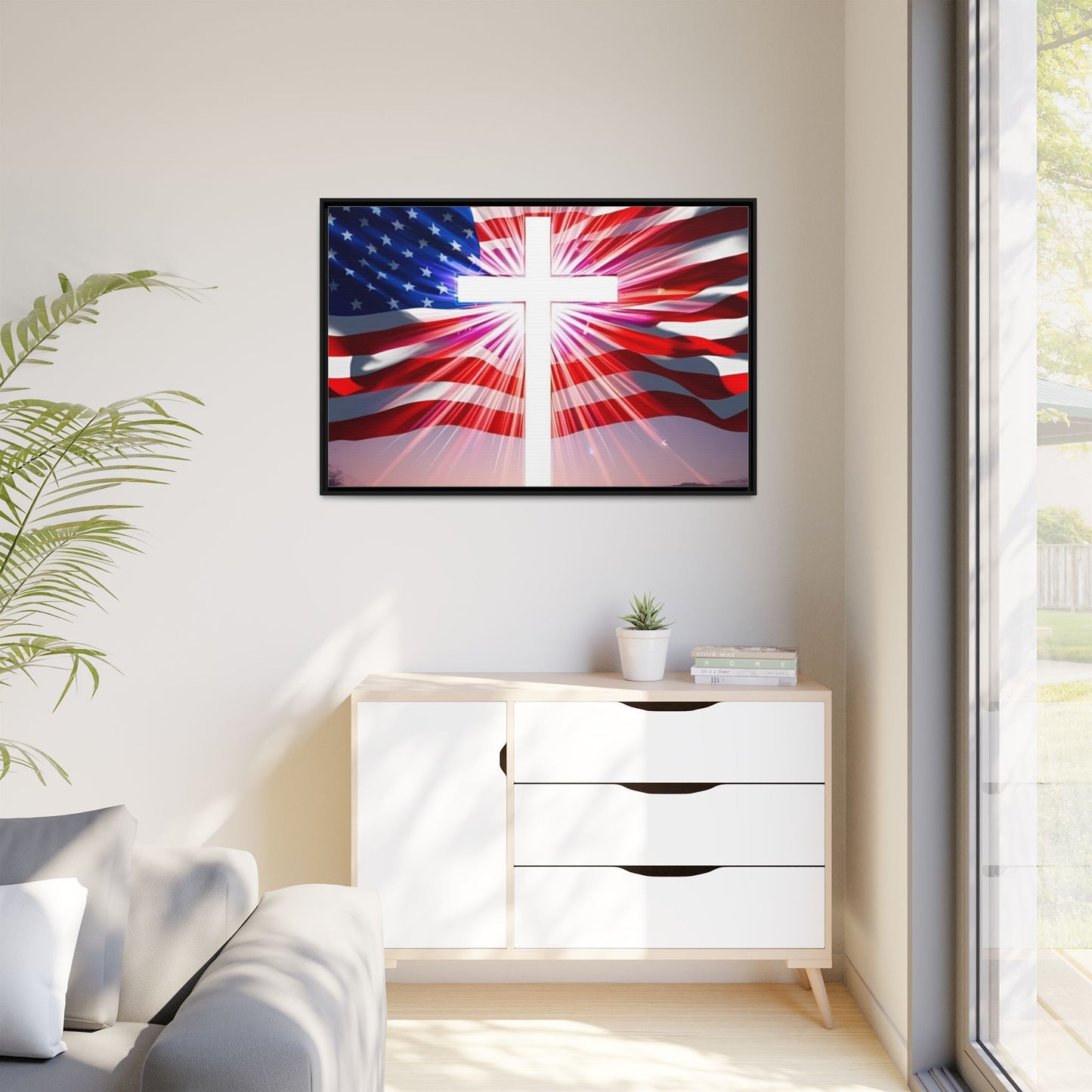 Patriotic Christian Canvas Art - Framed Multi-Color Cross with American Flag