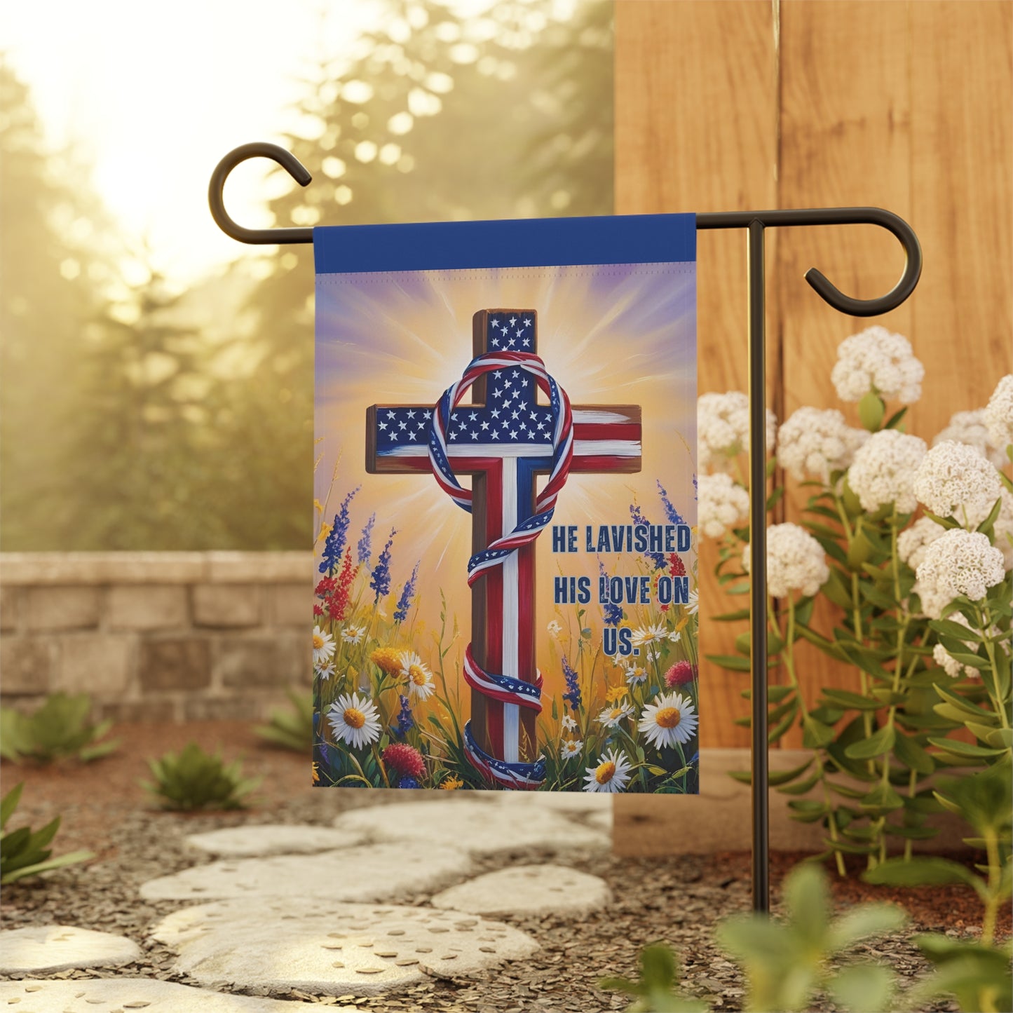Patriotic Prayer Garden Flag - 'He Lavished His Love On Us' - Perfect for Spiritual Home Decor