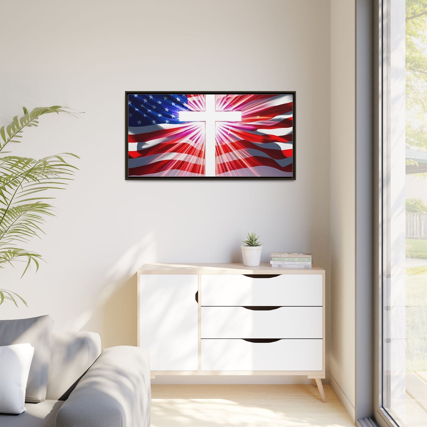 Patriotic Christian Canvas Art - Framed Multi-Color Cross with American Flag