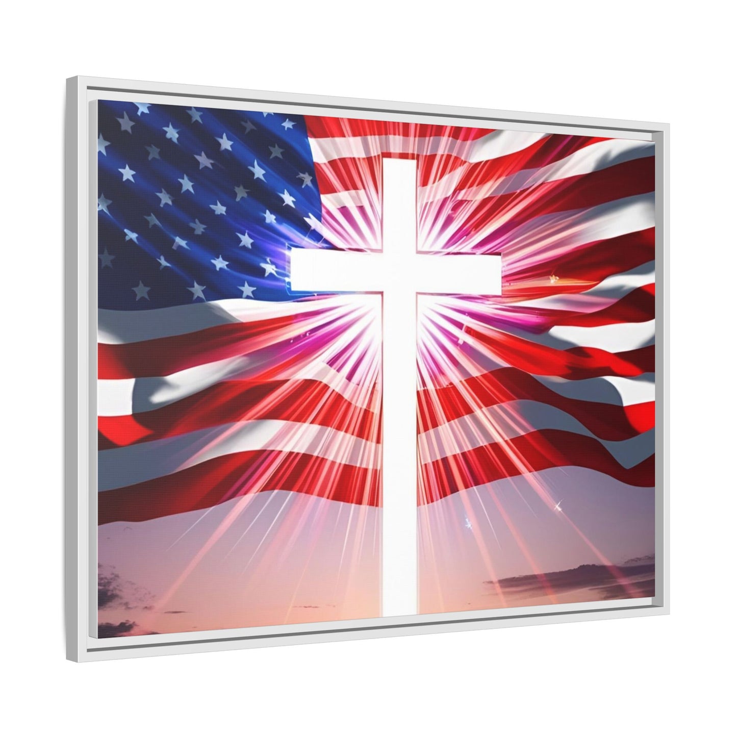 Patriotic Christian Canvas Art - Framed Multi-Color Cross with American Flag
