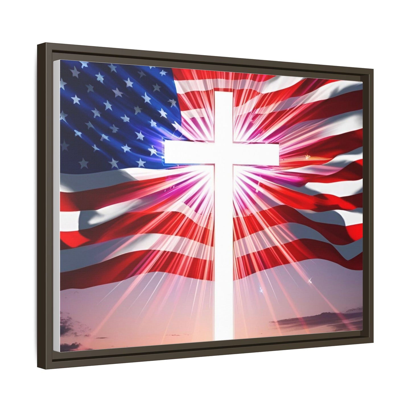 Patriotic Christian Canvas Art - Framed Multi-Color Cross with American Flag