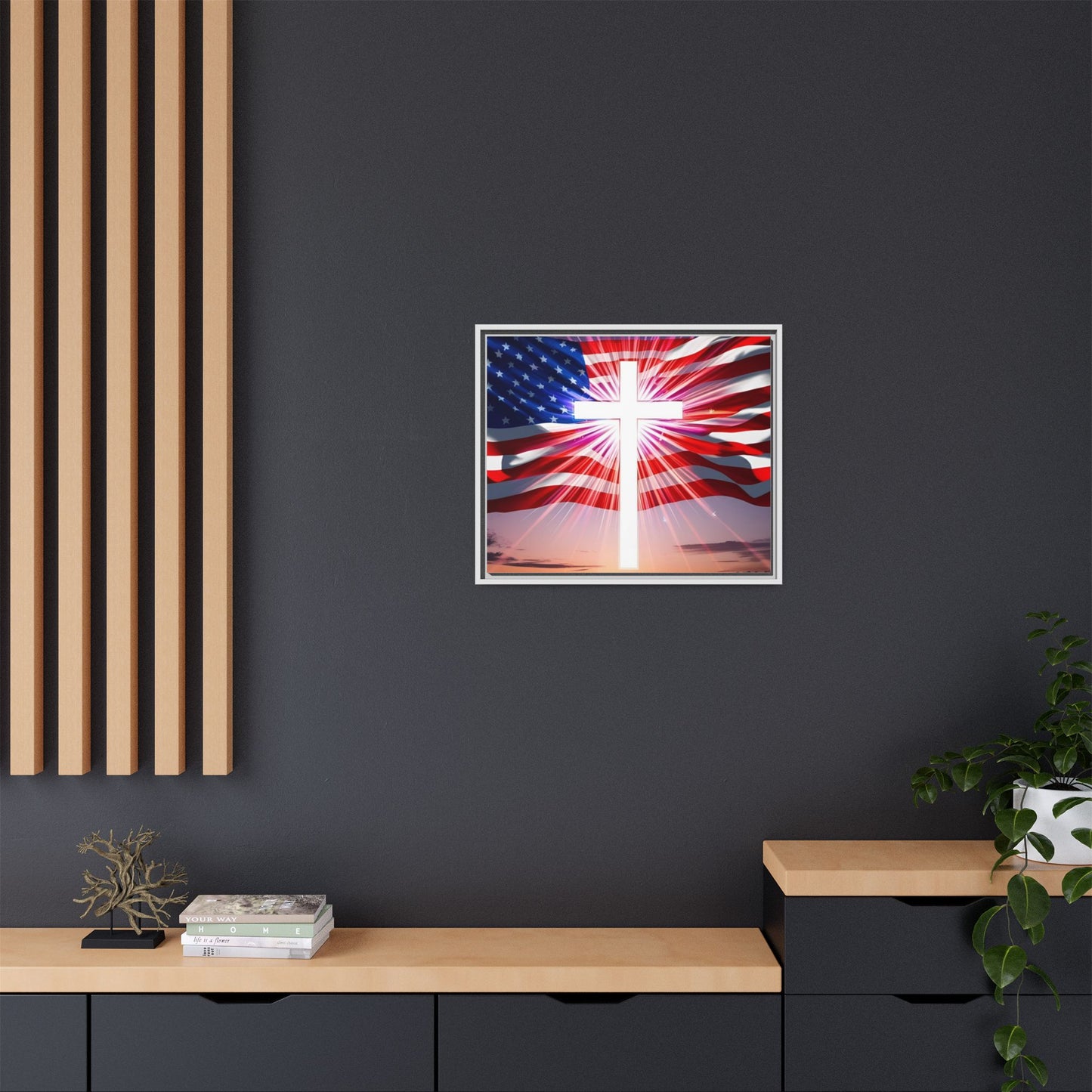 Patriotic Christian Canvas Art - Framed Multi-Color Cross with American Flag
