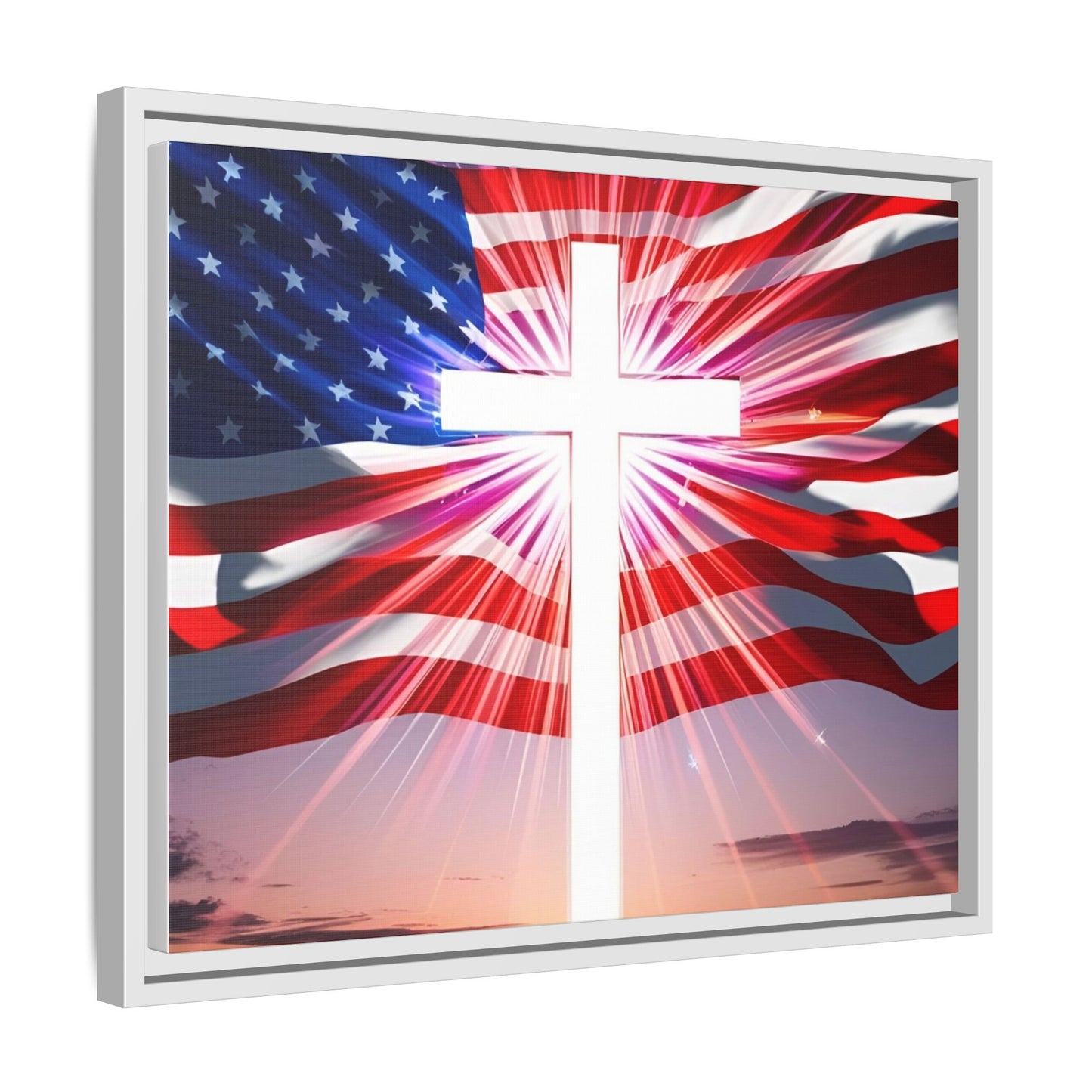 Patriotic Christian Canvas Art - Framed Multi-Color Cross with American Flag