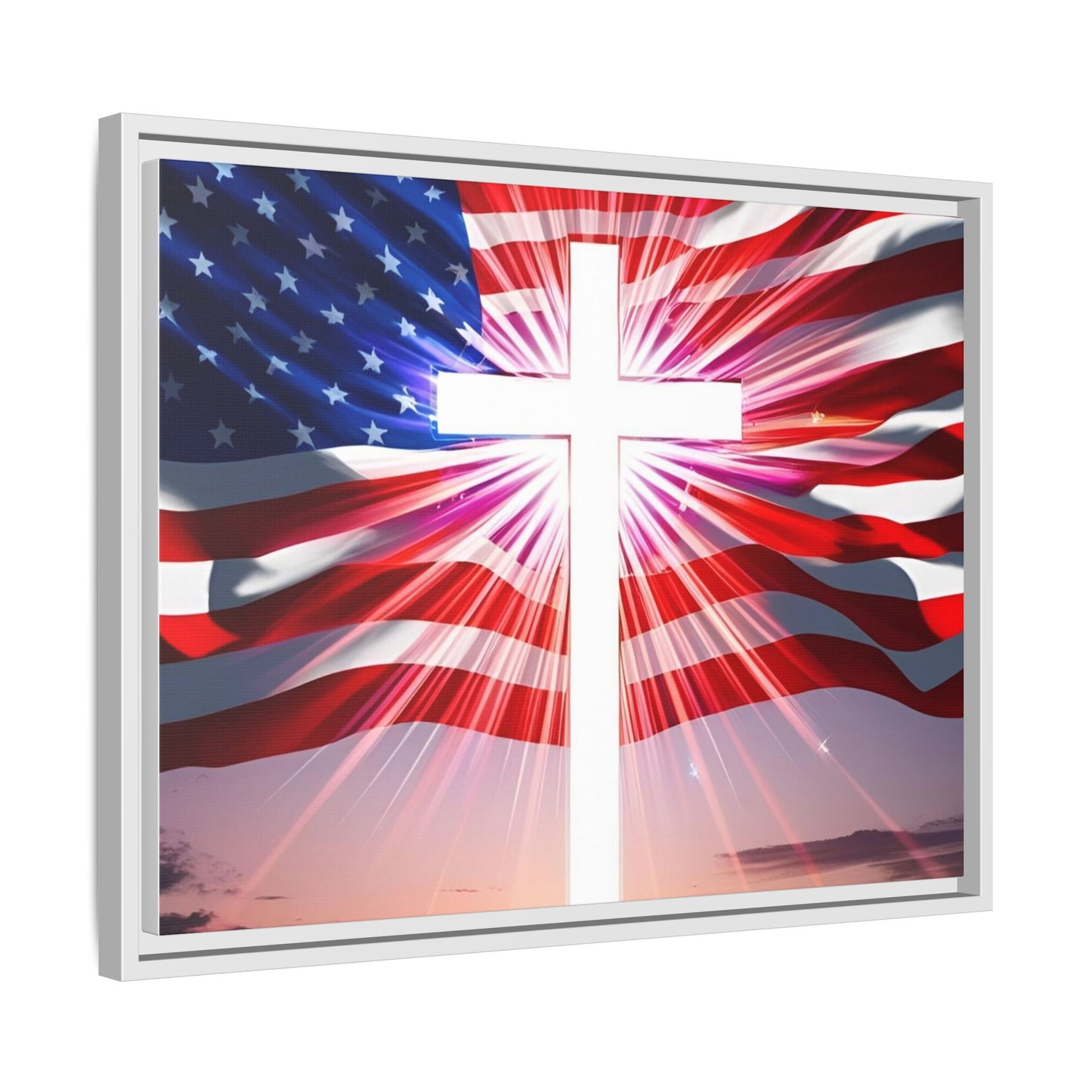 Patriotic Christian Canvas Art - Framed Multi-Color Cross with American Flag