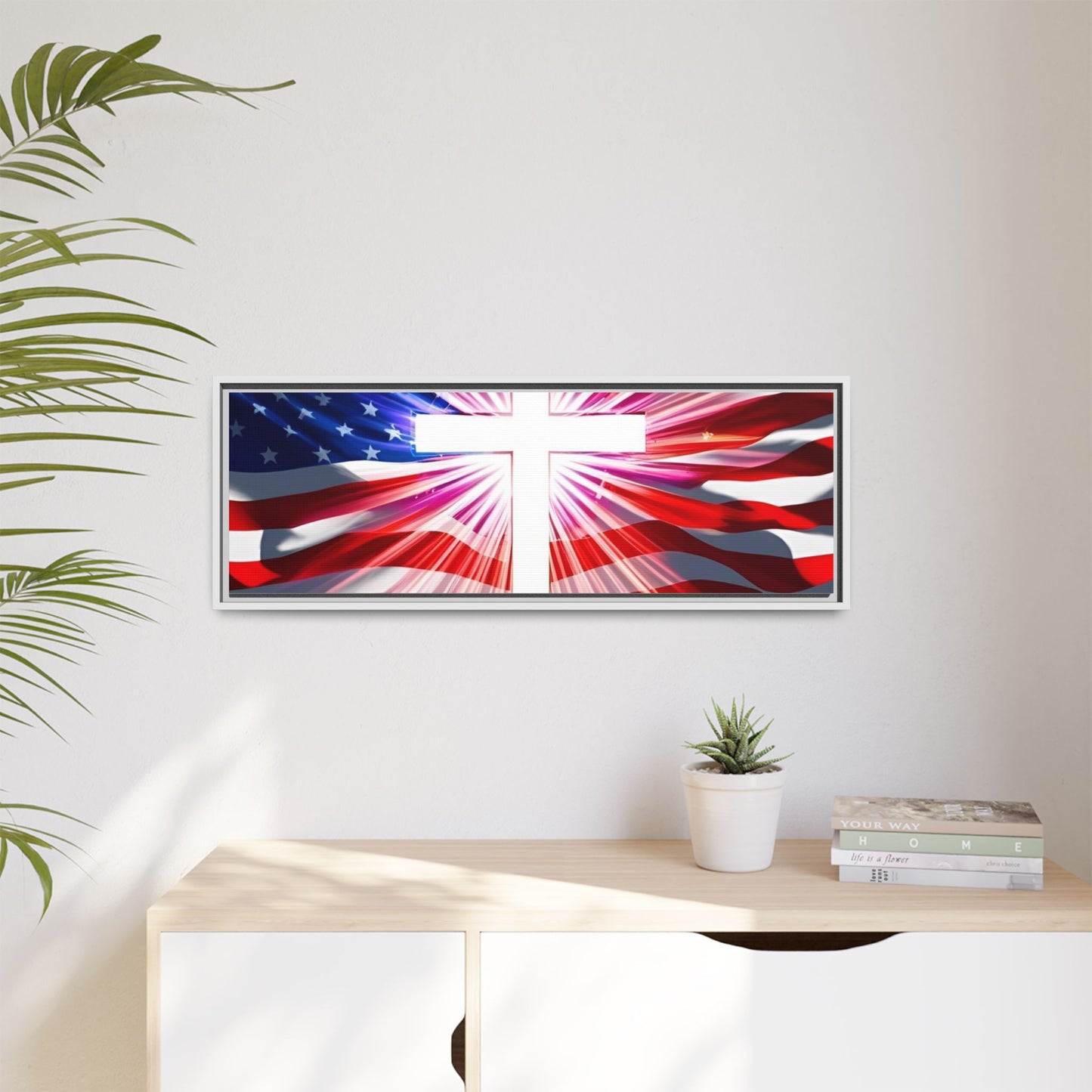 Patriotic Christian Canvas Art - Framed Multi-Color Cross with American Flag