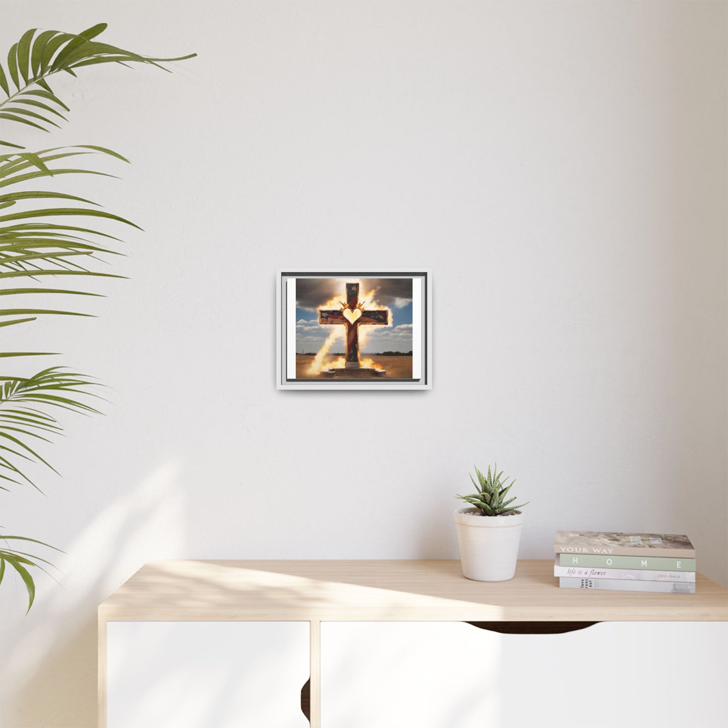 Framed Cross Art Print - Heart on Fire Design