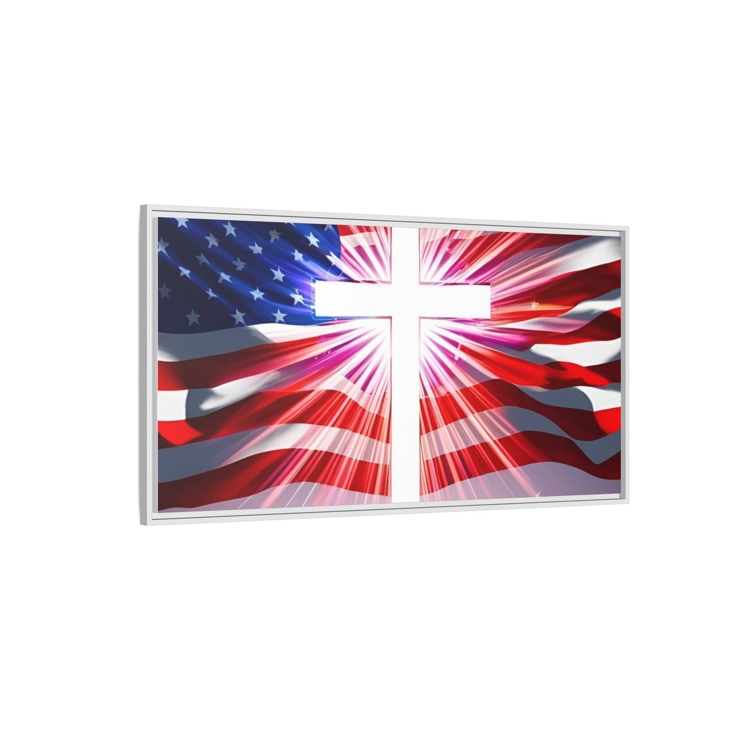 Patriotic Christian Canvas Art - Framed Multi-Color Cross with American Flag