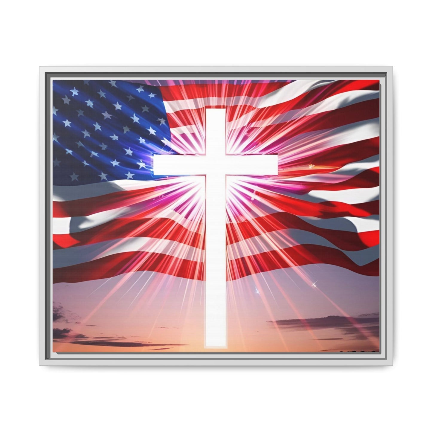 Patriotic Christian Canvas Art - Framed Multi-Color Cross with American Flag
