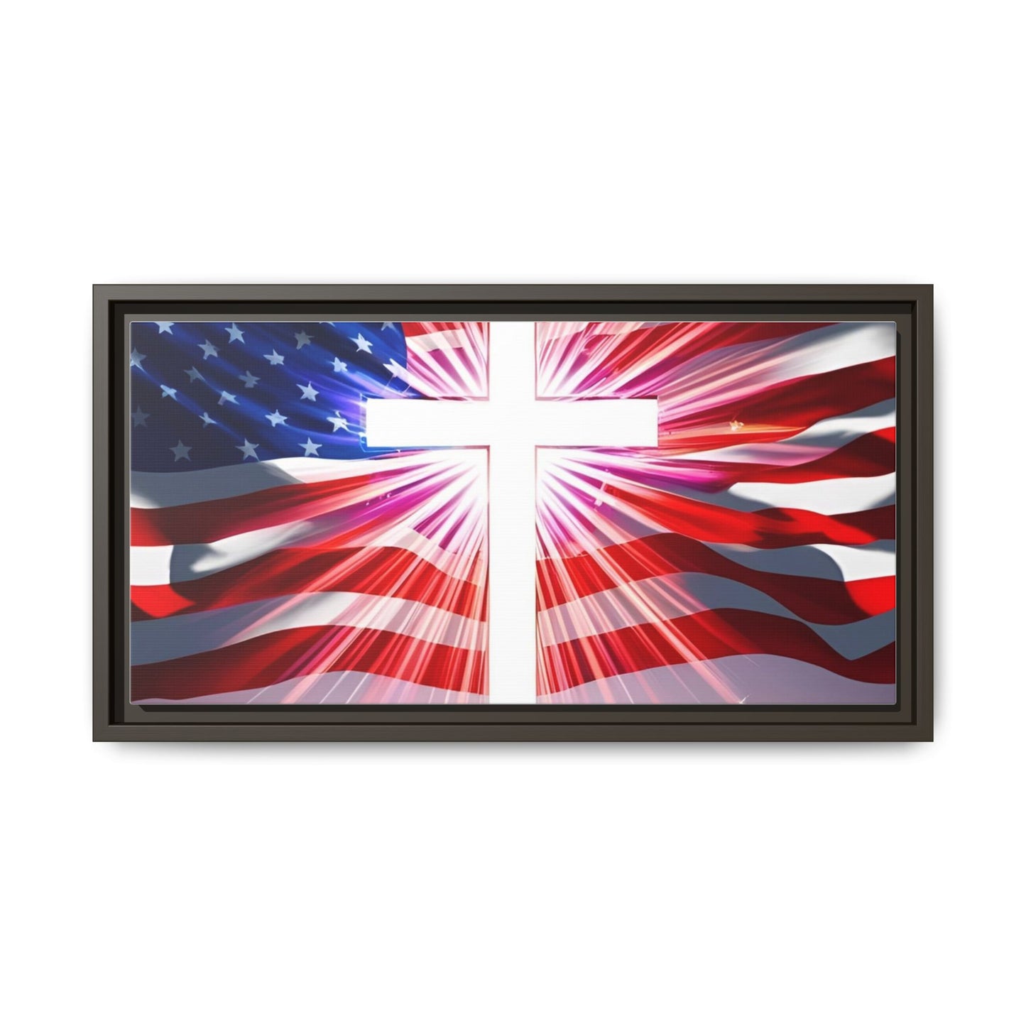 Patriotic Christian Canvas Art - Framed Multi-Color Cross with American Flag