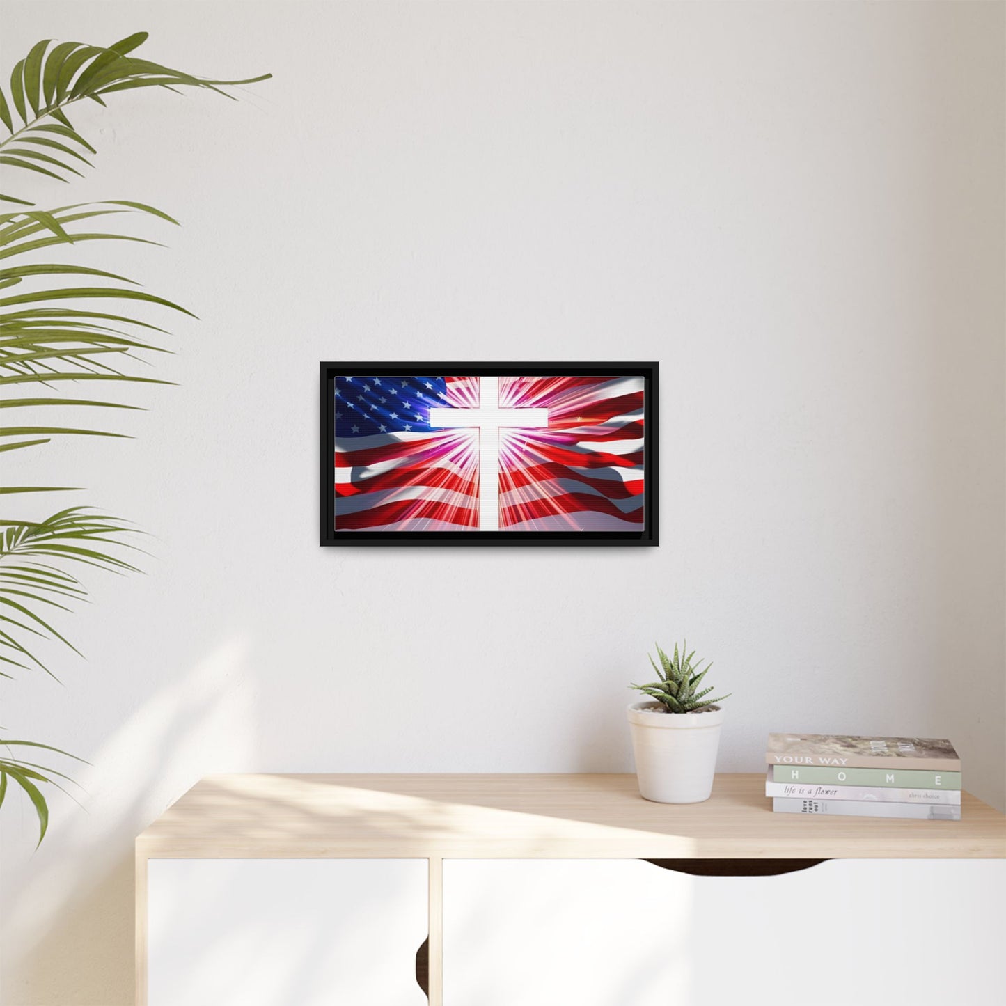 Patriotic Christian Canvas Art - Framed Multi-Color Cross with American Flag