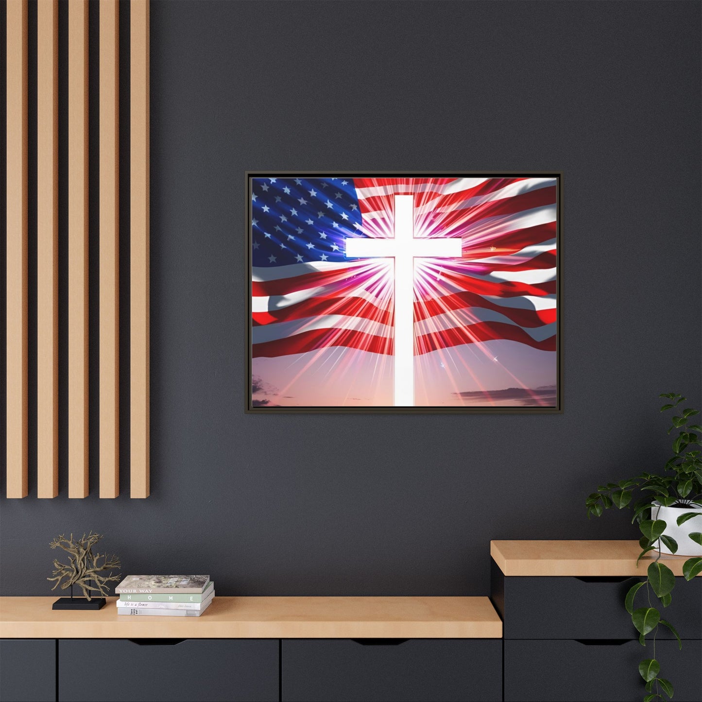 Patriotic Christian Canvas Art - Framed Multi-Color Cross with American Flag