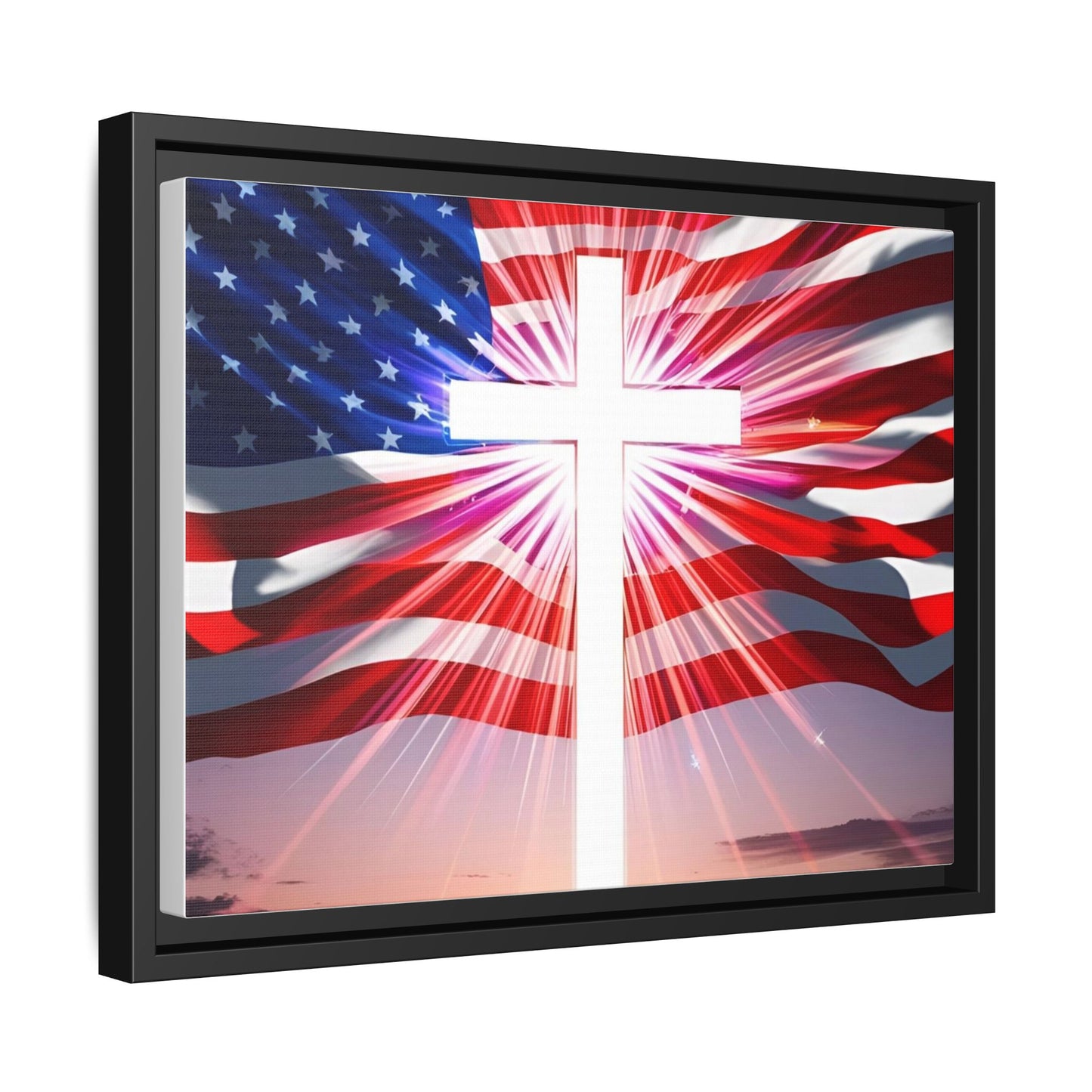 Patriotic Christian Canvas Art - Framed Multi-Color Cross with American Flag