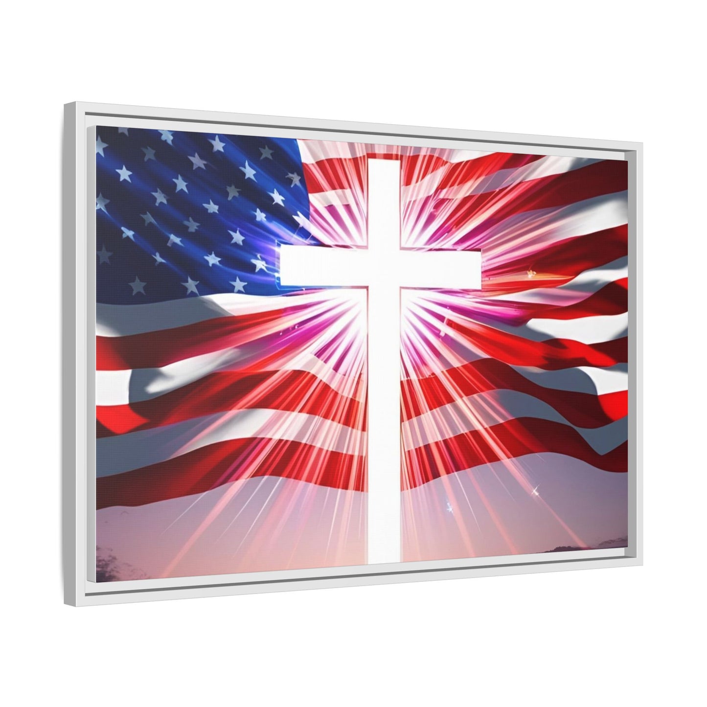 Patriotic Christian Canvas Art - Framed Multi-Color Cross with American Flag