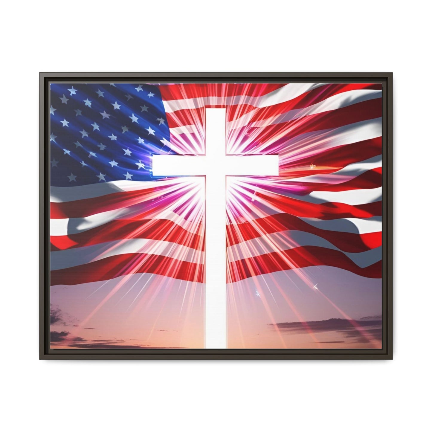 Patriotic Christian Canvas Art - Framed Multi-Color Cross with American Flag