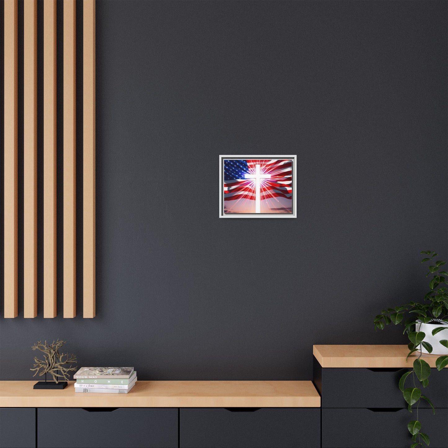 Patriotic Christian Canvas Art - Framed Multi-Color Cross with American Flag