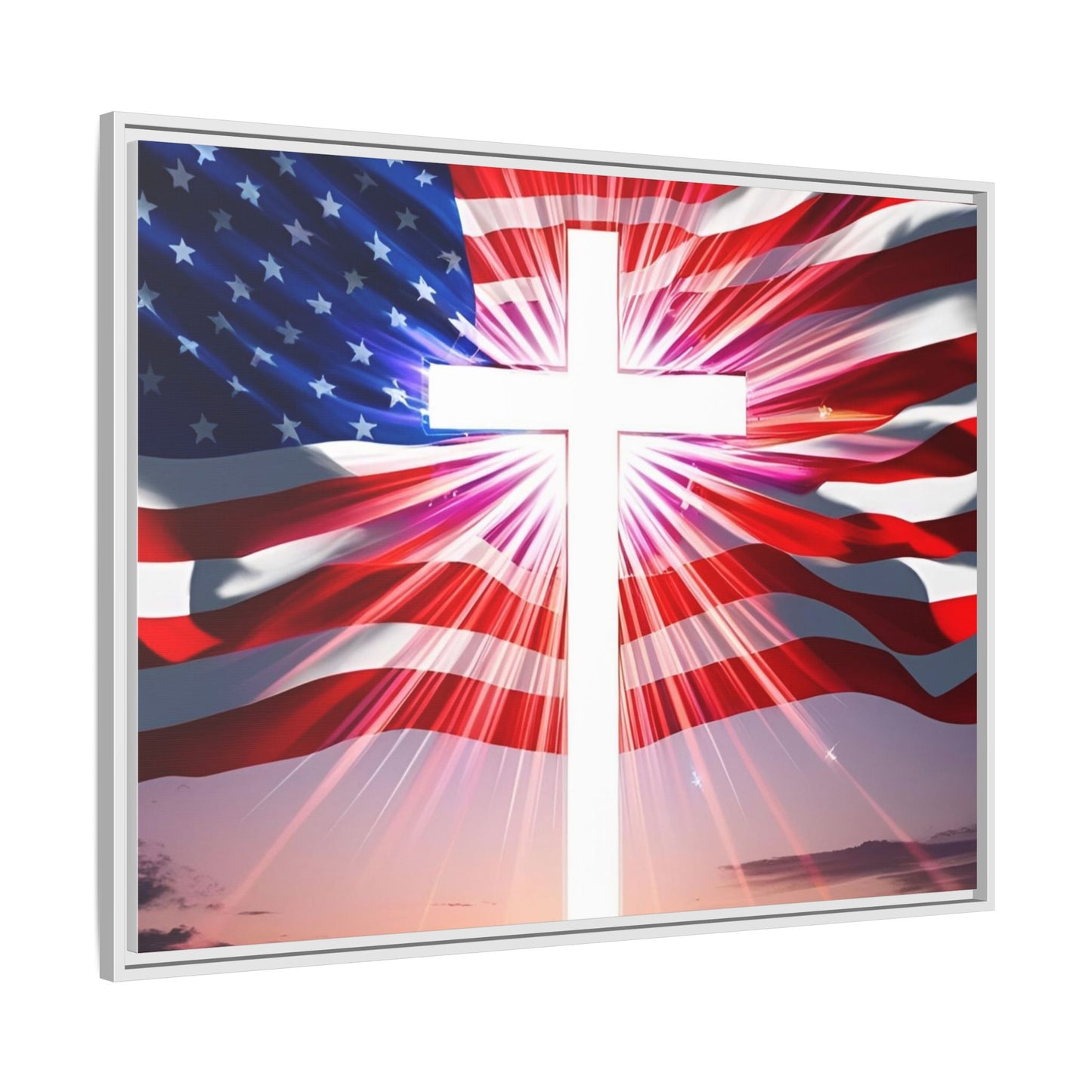 Patriotic Christian Canvas Art - Framed Multi-Color Cross with American Flag