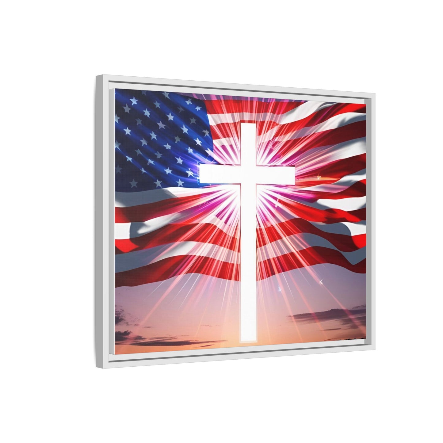 Patriotic Christian Canvas Art - Framed Multi-Color Cross with American Flag