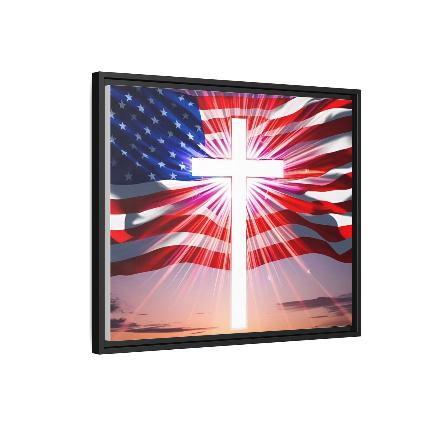 Patriotic Christian Canvas Art - Framed Multi-Color Cross with American Flag