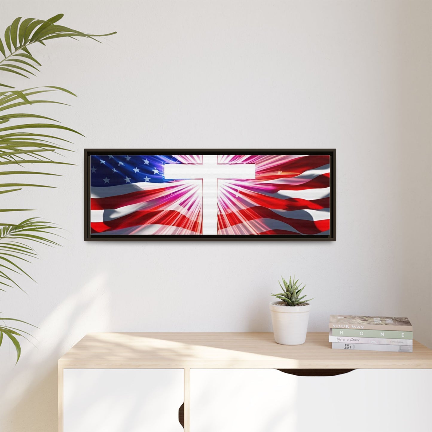 Patriotic Christian Canvas Art - Framed Multi-Color Cross with American Flag