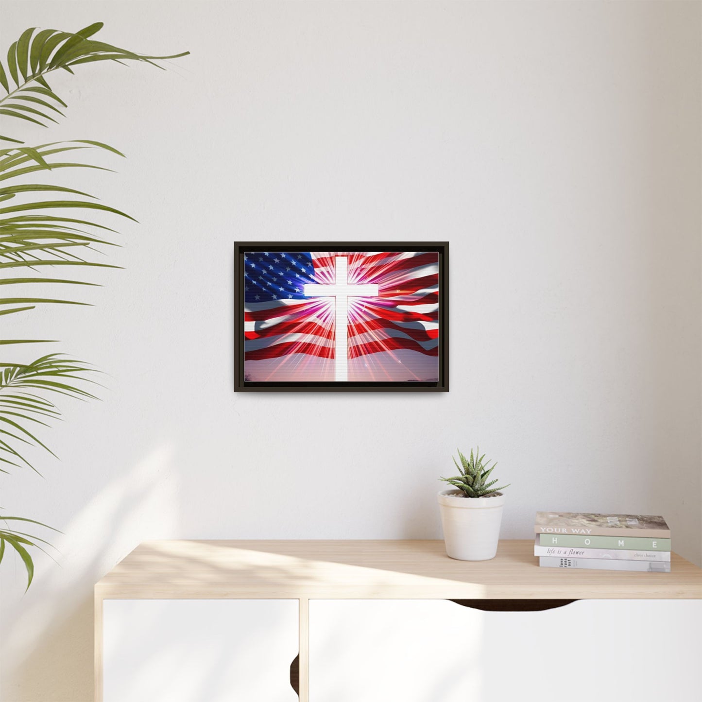 Patriotic Christian Canvas Art - Framed Multi-Color Cross with American Flag